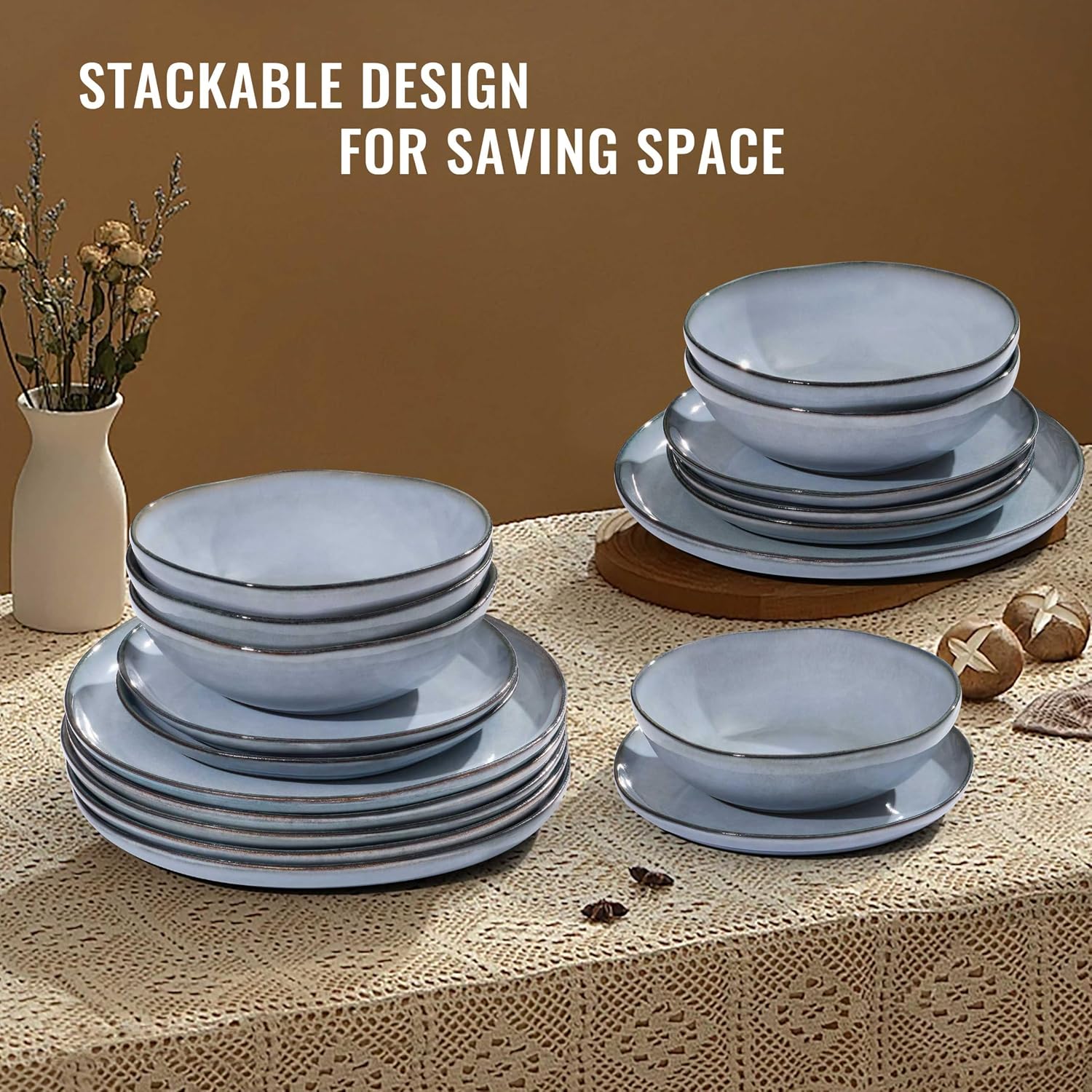 Herogo Plates and Bowls Dinnerware Sets, 12 Piece Stoneware Dinner Dishes Set for 4, Irregular Handmade Dishware Tableware, Crack and Scratch Resistant, Reactive Glaze, Smoky Blue
