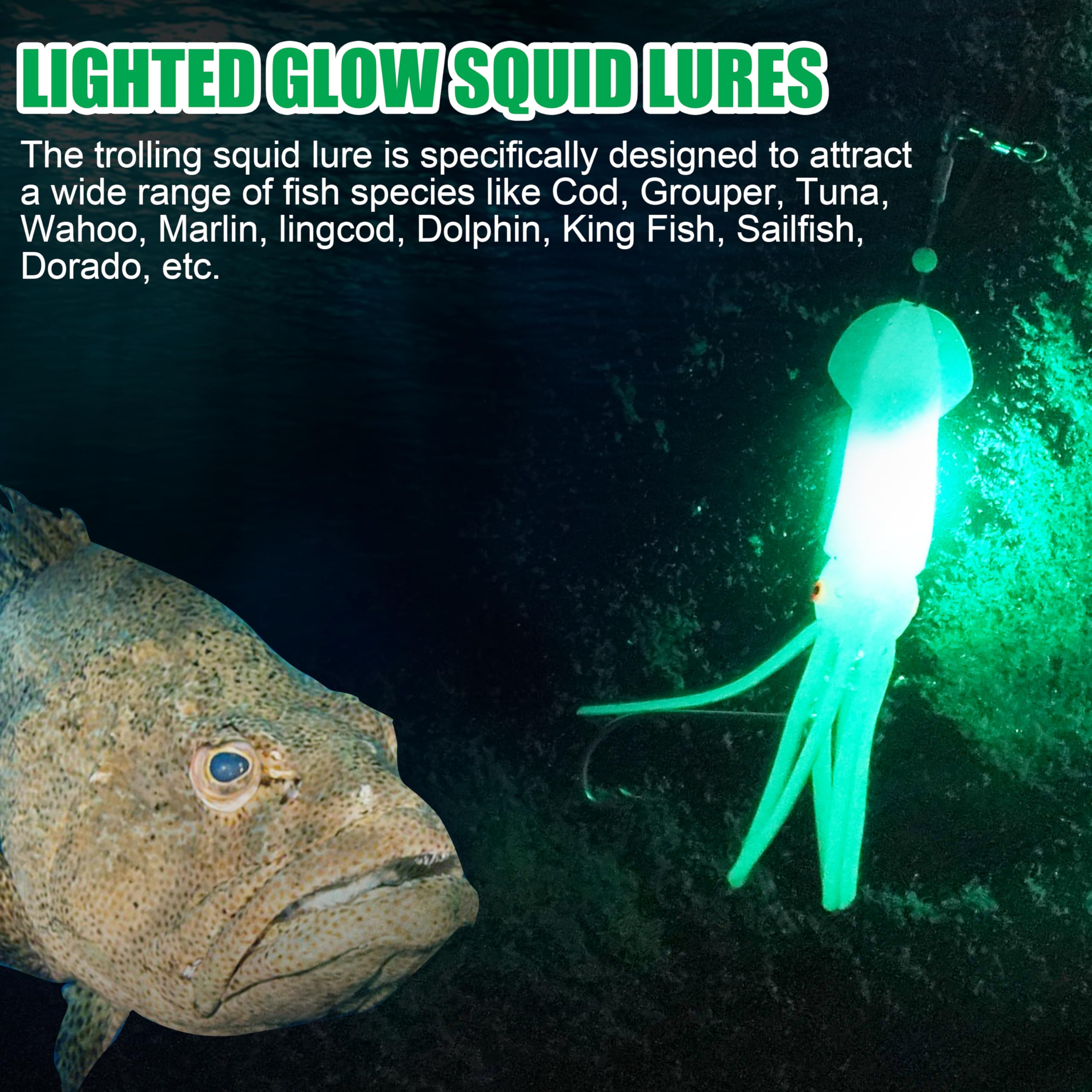 Esche da pesca per calamari in acqua salata, esche a LED illuminate per calamari, morbide, per pesca a traina, calamari, luci lampeggianti, per halibut, lingcod, sgombro, tonno striper