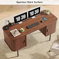 Vista 5 de ONBRILL 55 Inch Fluted Computer Desk with Charging Station, Mid Century Executive Desk with 2 Storage Cabinets, Modern Home Office Large Desk with