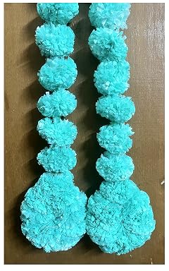 Sphinx artificial marigold fluffy flowers round bottom garlands/strings/latkans for festive pooja wedding housewarming decorations Approx. 1.75 ft - (Sky Blue, 4)