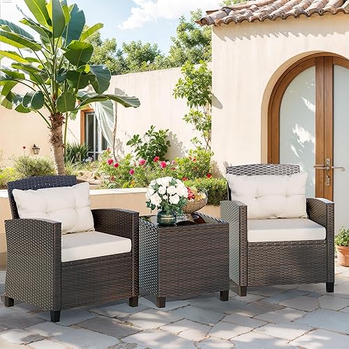 Miniatura 2 de Vongrasig Juego de muebles de patio de 3 piezas pequeños de mimbre para exteriores, porche, bistró, juego de sillas de patio acolchadas con mesa de