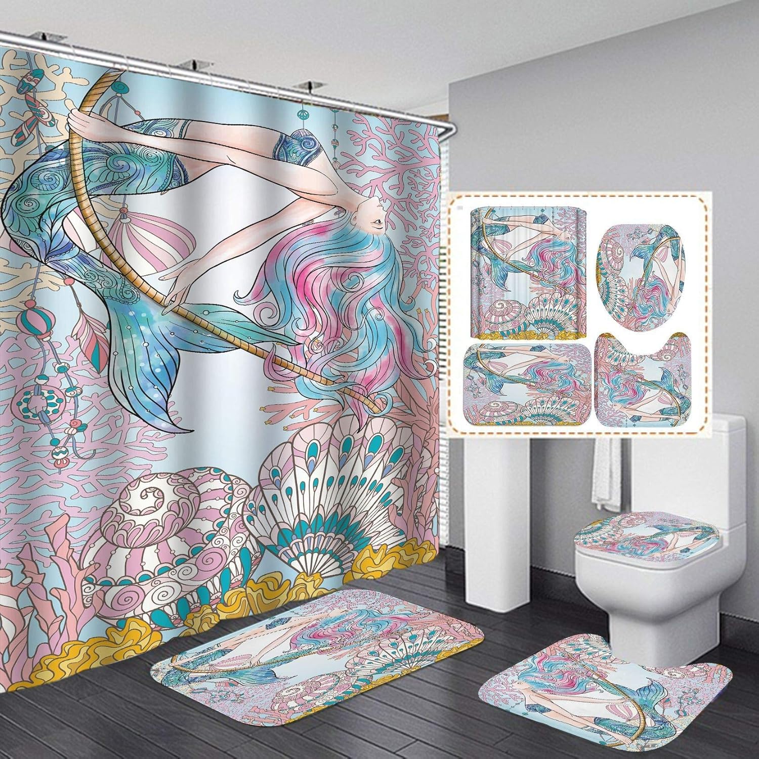 mamrug Mermaid Sea Shower Curtain Sets with NonSlip Rugs