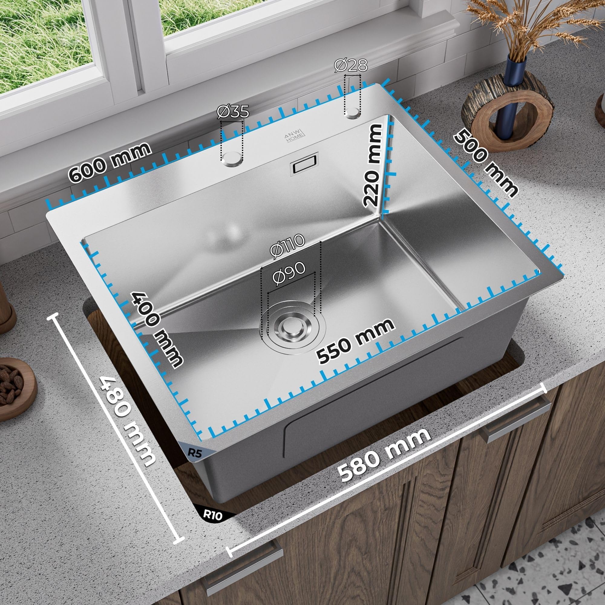 ANW HOME Lavello Cucina 1 Vasca, Lavandino Cucina in Acciaio Inox 304 con Montaggio Superiore, 60x50 cm, Argento, Finitura Nano, Spessore 3+1 mm, Profondità 22 cm, con Sifone