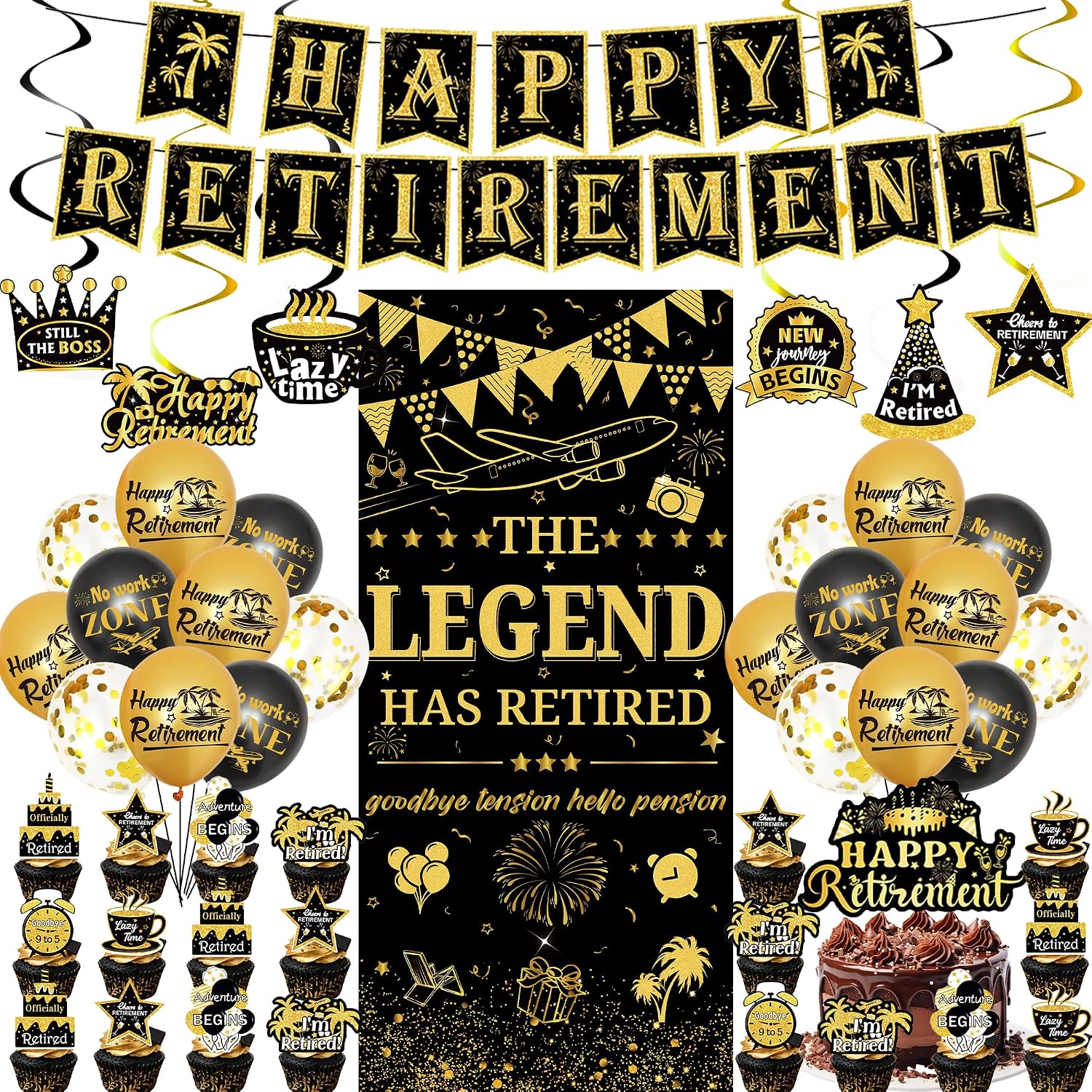 Retirement Party Decorations Women Men - 54 Pcs Blakc Gold Banner Balloons Hanging Swirl Streamers Backdrop Cake Cupcake Topper Table Deocr For Coworker Office Retired Party Supplies