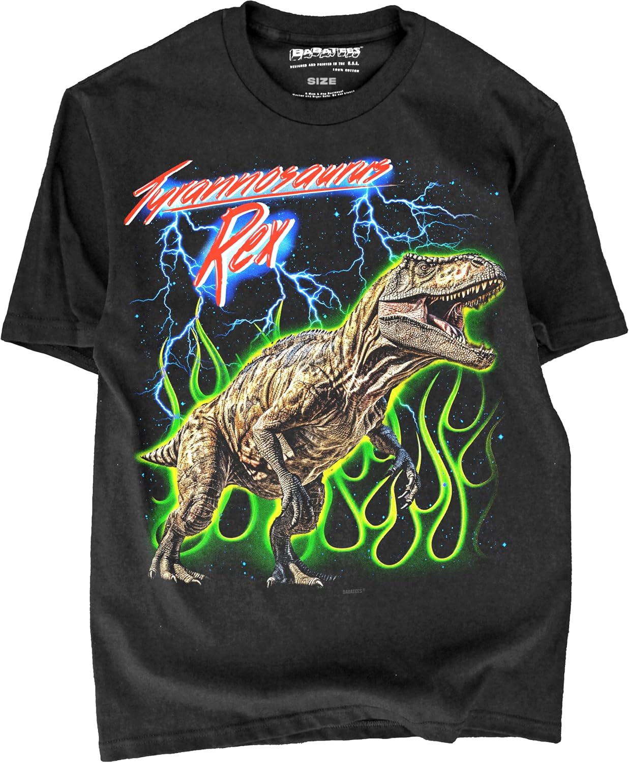 T-Rex Dinosaur Graphic Tshirt for Men & Women, 80s 90s Flames, Thunder & Lightning Jurassic Inspired