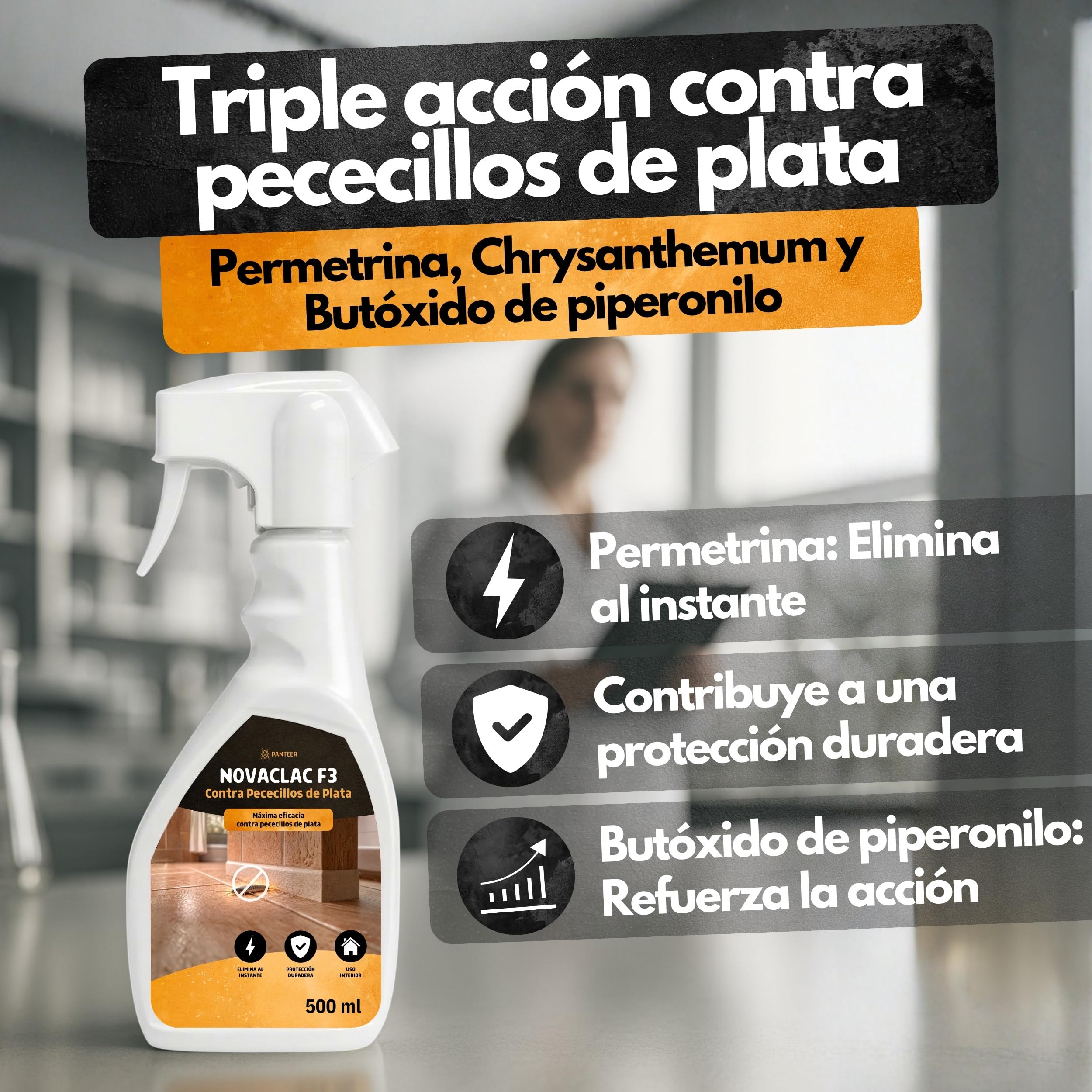 NOVACLAC F3 Mata Pececillos de Plata – Spray Insecticida 500 ml PT18 – Elimina pececillos de plata al instante – Protección duradera – Uso interior y exterior – Calidad europea formulada para España