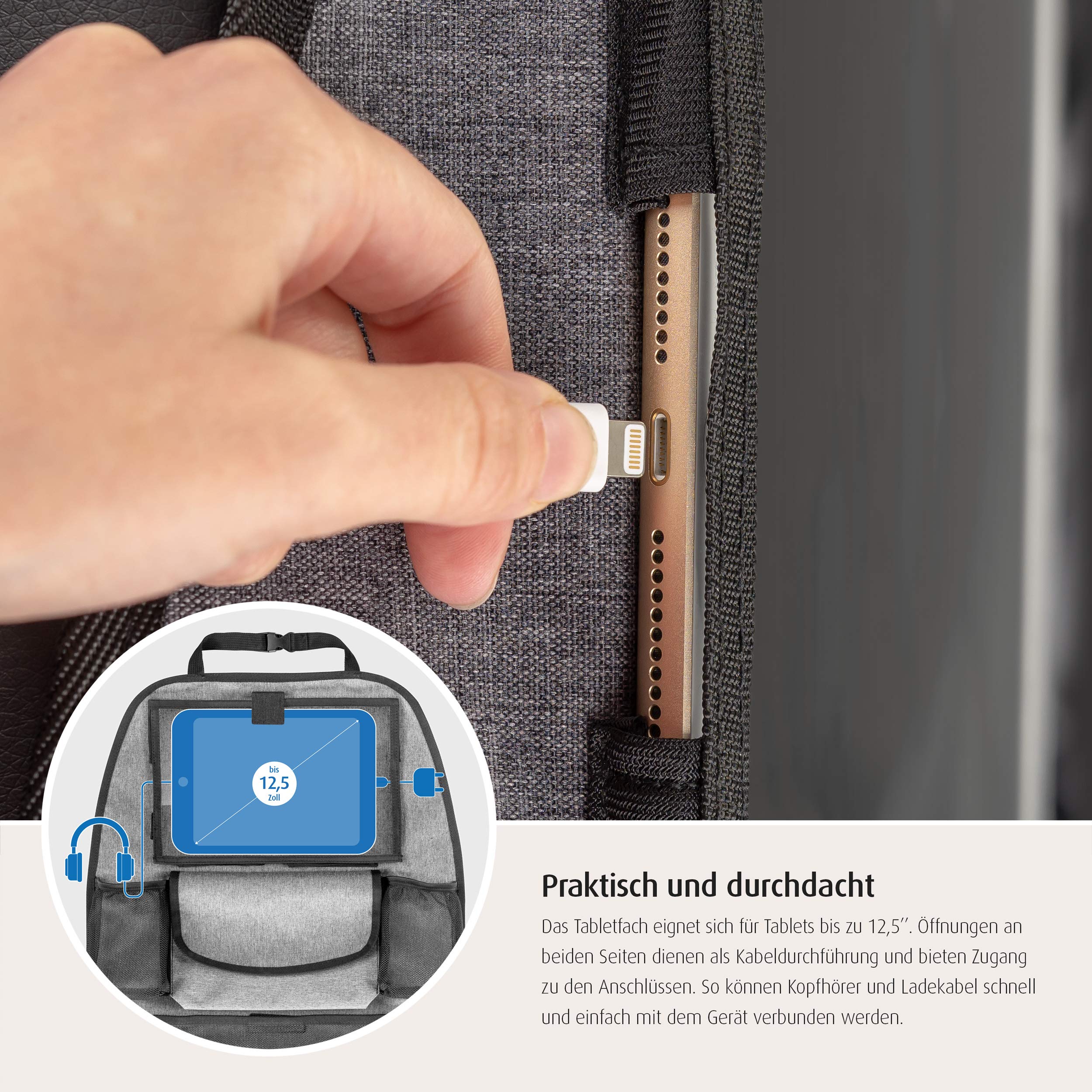 reer TravelKid Entertain organizer na tylne siedzenie samochodowe, z kieszenią na tablet, odporny na zabrudzenia, wiele kieszeni, do wszystkich foteli samochodowych, również foteli sportowych, szary, 1 sztuka (1 opakowanie)