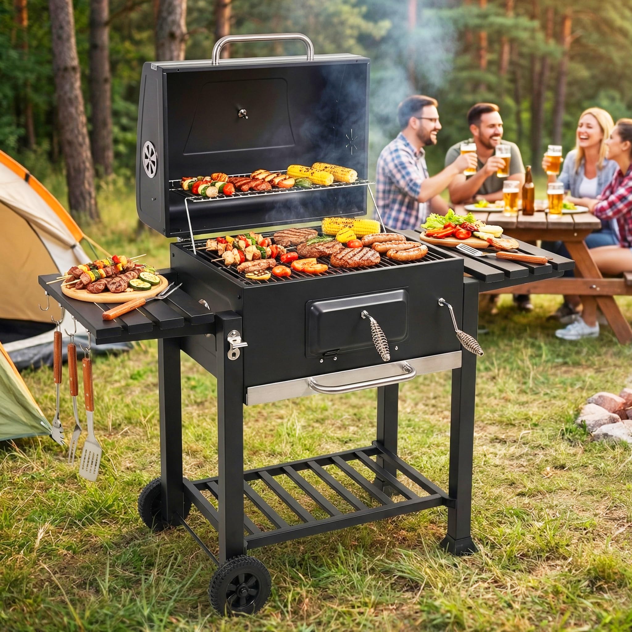 Barbecue Grill, Outdoor XXL Portable Charcoal BBQ Smoker with 2 Foldable Side Tables, Built-in Thermometer - Image 7
