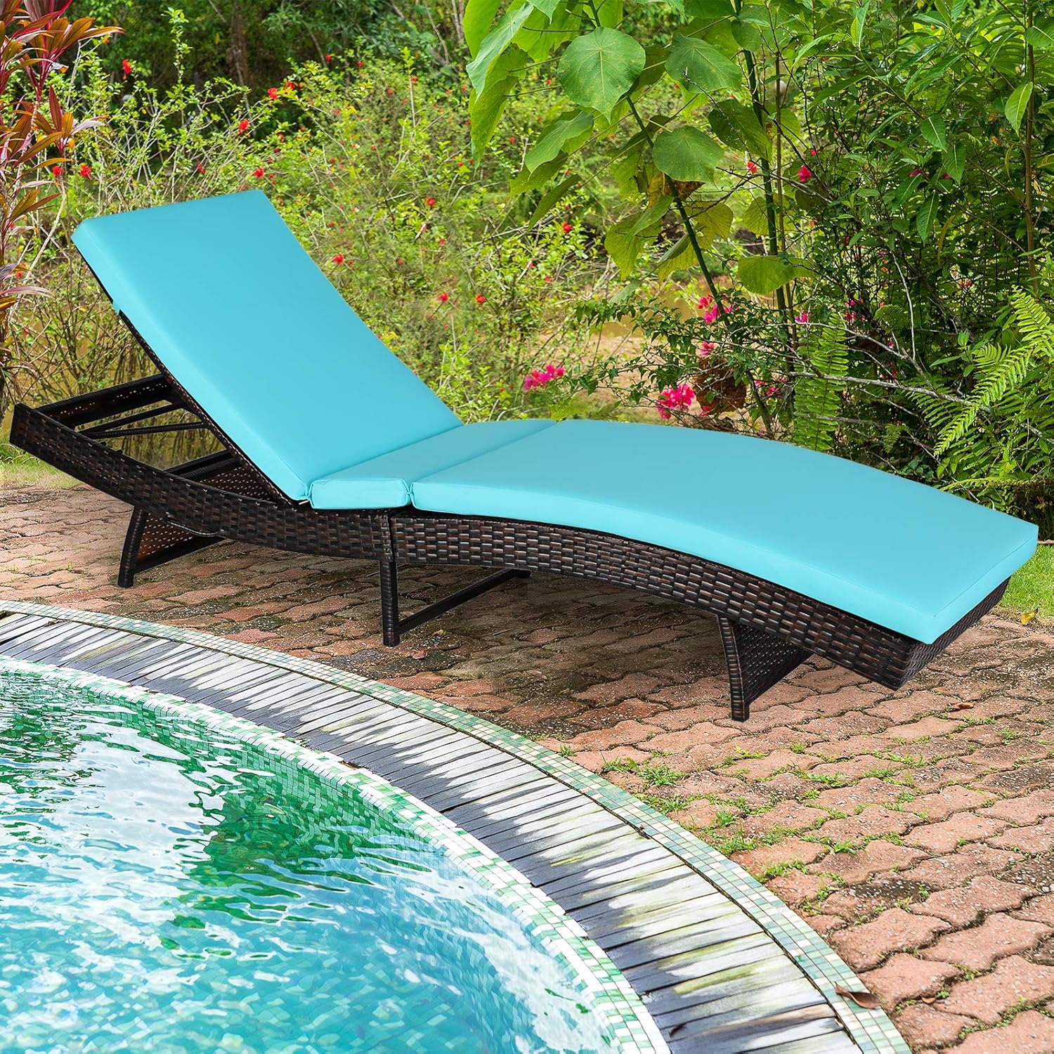 RELAX4LIFE Chaise Lounge Chair Recliner Patio Adjustable Folding Reclining Wicker Chair with 5 Backrest Positions, Removable Upholster for Pool, Garden Outdoor PE Rattan Reclining Chair(1, Turquoise)