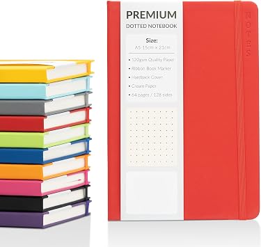 evelay Bullet Journal A5 Dotted Notebook with Faux Leather Hardback Cover and Premium 120gsm Thick Dot Grid Paper 128 Cream Pages, Red