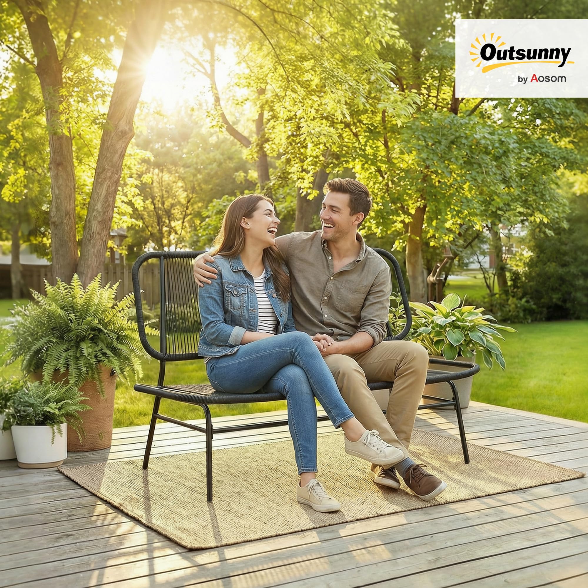 Outsunny Divano da Giardino 2 Posti in Rattan PE, Divanetto da Esterno Seduta e Schienale Intrecciati, Telaio in Acciaio, Divano da Esterno, per Terrazza e Cortile, Capacità 240 kg, Nero