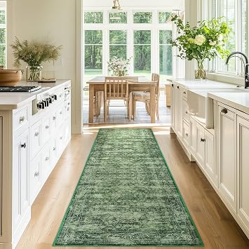 2x8 ft Runner Rug Green Boho Indoor Area Rug, Non-Slip, Machine Washable, Low Pile Runners for Kitchen, Hallway