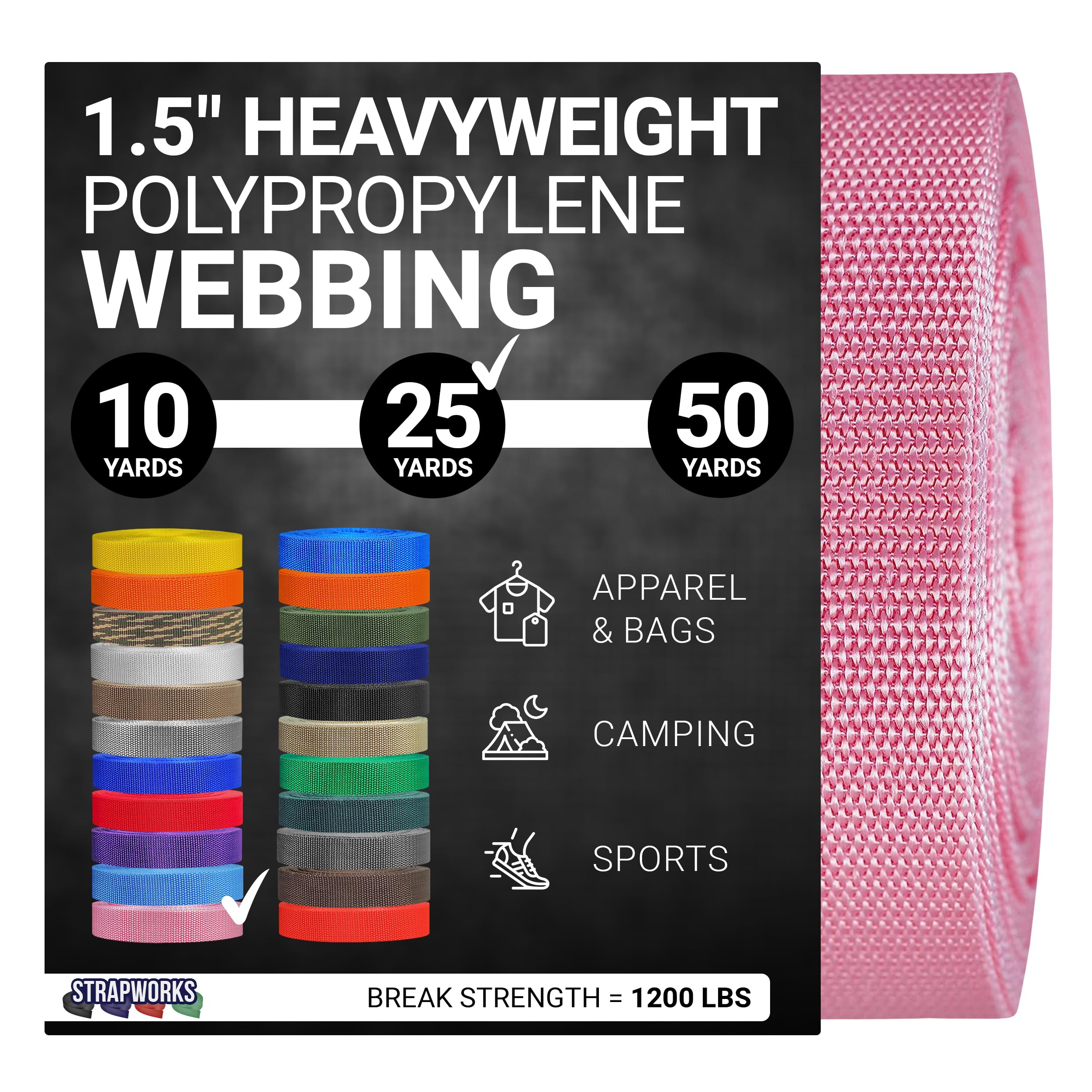 Strapworks Heavyweight Polypropylene Webbing - Heavy Duty Poly Strapping for Outdoor DIY Gear Repair, 1.5 Inches