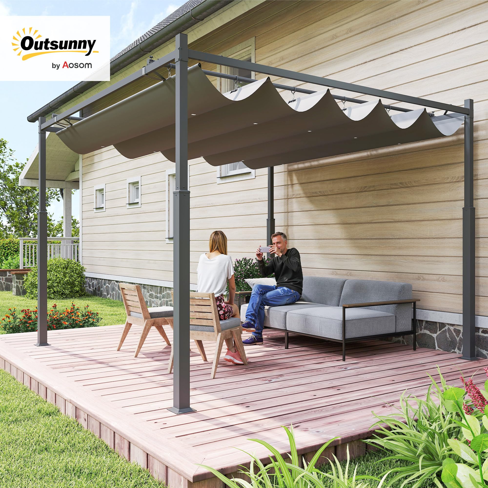 Outsunny Pérgola de Jardín 3x3 m con Techo Retráctil y Accesorio Magnético, Cenador de Jardín con Protección UV30+, Columnas Metálicas y Ganchos, Pabellón para Patio, Terraza, Exterior, Gris