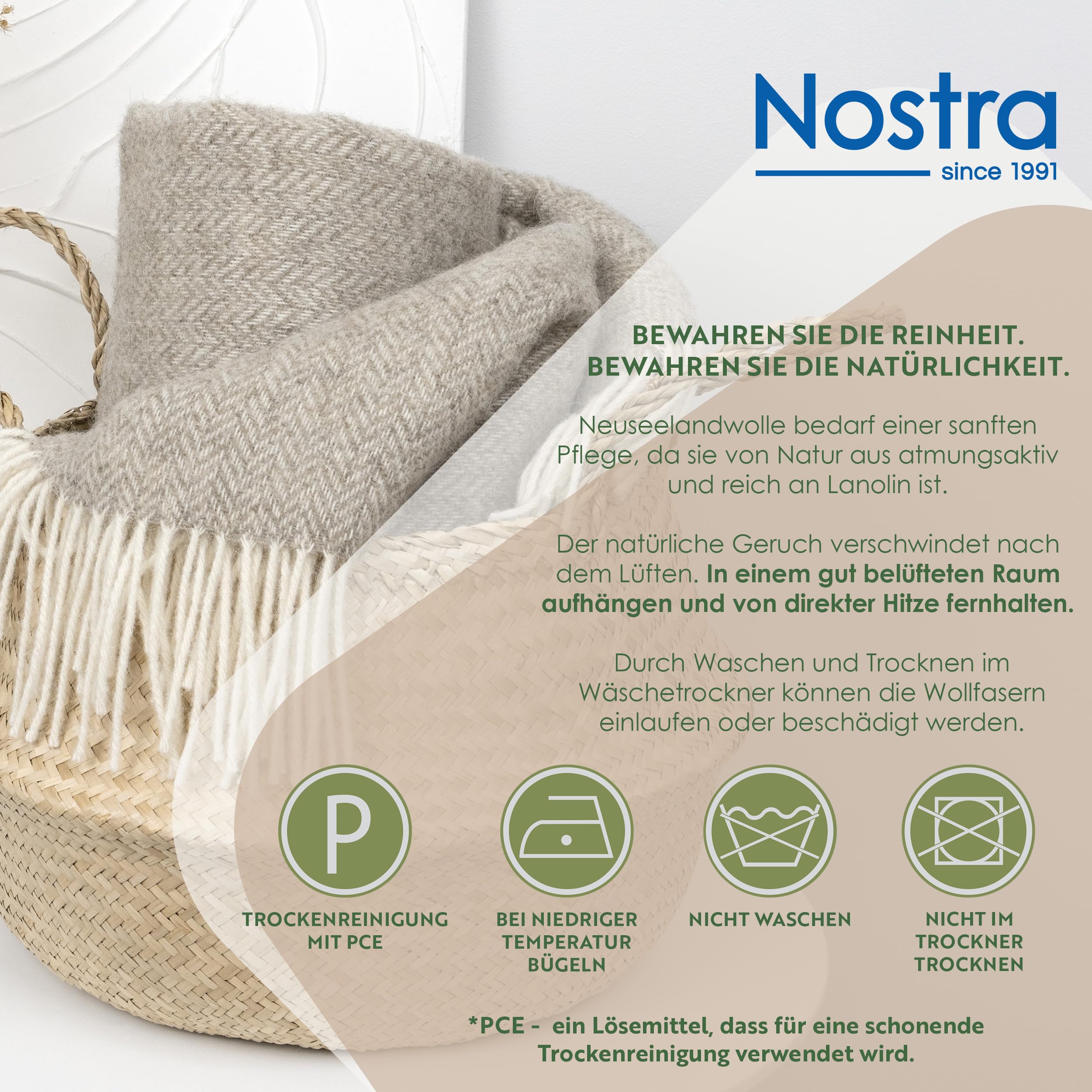 Nostra Zelandia 100% Reine Wolldecke – Warme, atmungsaktive und leichte Wolldecke für Sofa, Bett und Outdoor-Bereich, temperaturregulierender Komfort mit Fransen (Natürlich)