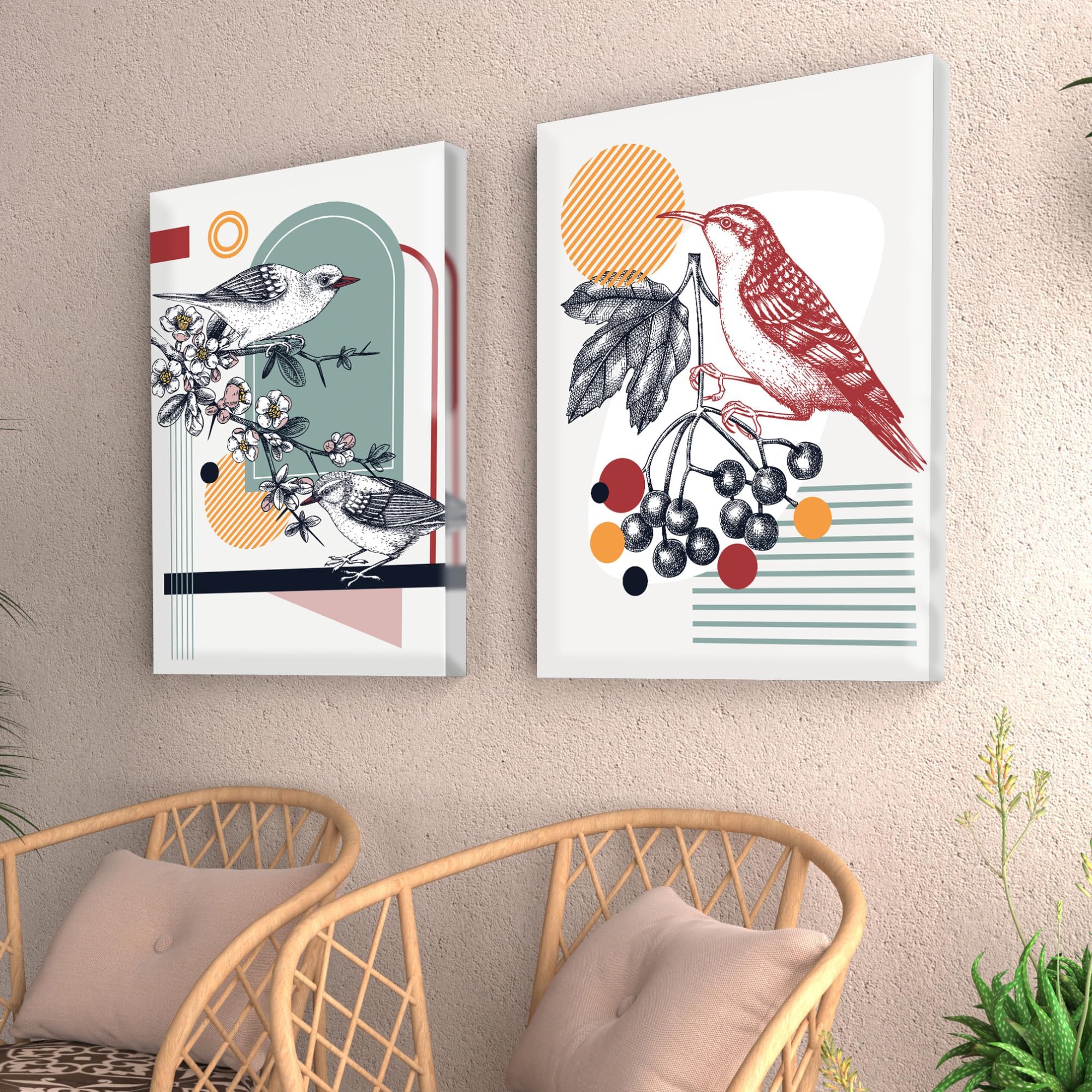 Painting Mantra Stretched Modern Canvas Painting, Colorful Jarden Birds with Flower Artwork for Wall Art, Living Room, Home, Bedroom, Office Decoration (Set of 2, Size: 16x22 Inch)