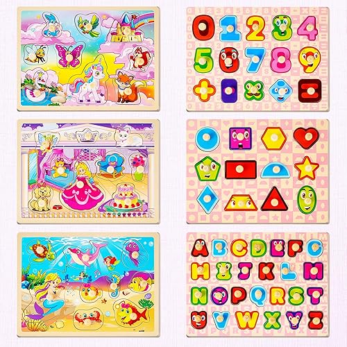 Miniatura 2 de SYNARRY Rompecabezas de madera para niños pequeños de 1 a 3 años, 6 juegos de rompecabezas para niños de 1 a 3 años con estante, aprendiendo con