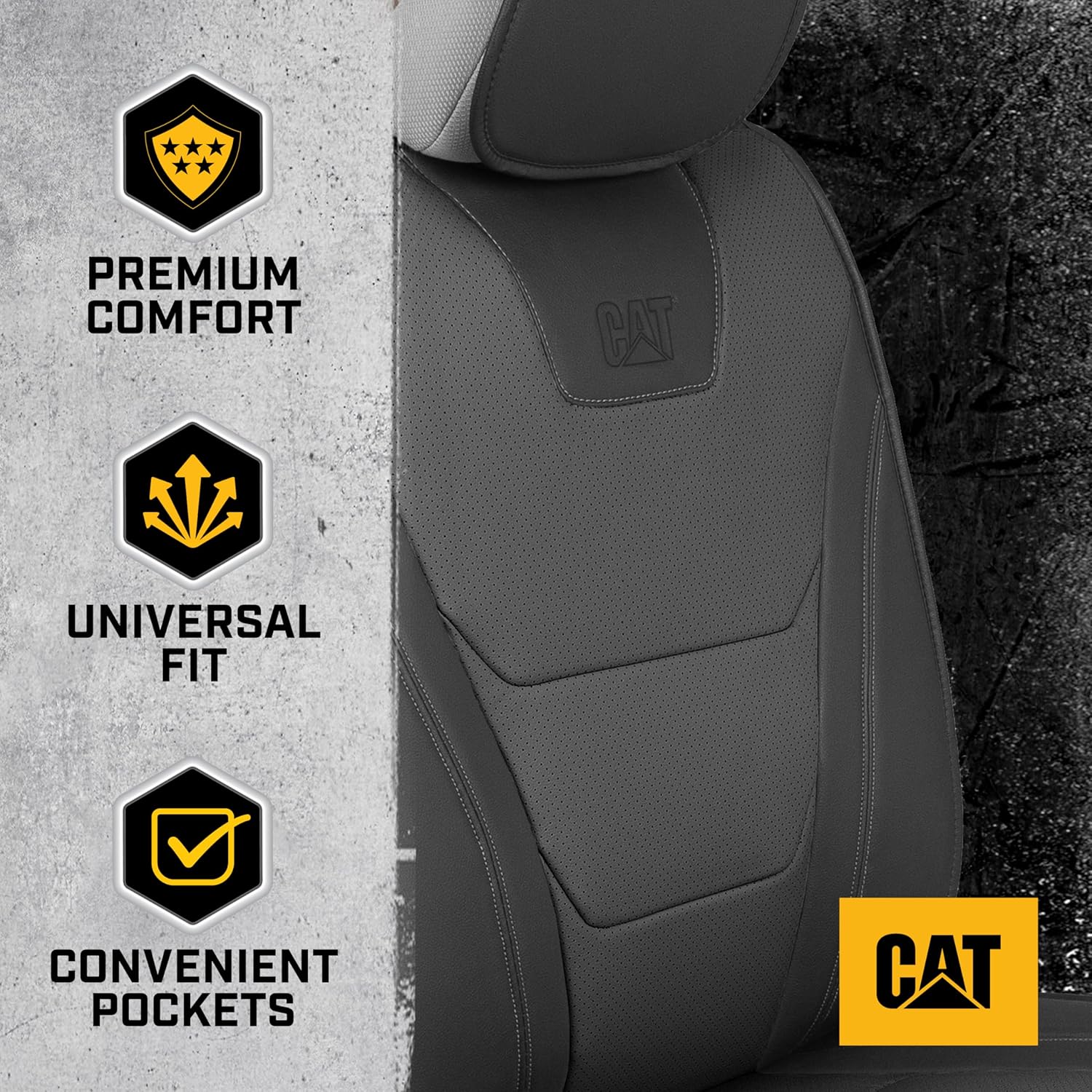 Cat® Edge Deluxe Car Seat Covers for Front Seats - Premium Gray Faux Leather Seat Covers for Cars with Universal Fit, Rugged Automotive Seat Covers for Trucks, Interior Seat Covers for SUV
