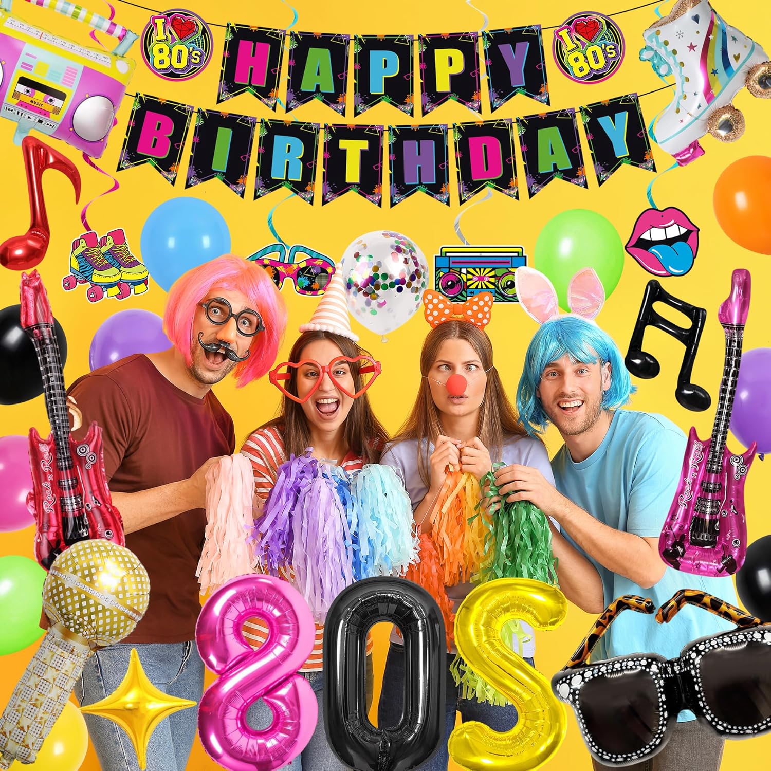 Holkcog 80s Birthday Party Decorations, Back to 80’s Bday Decor with Guitar Glasses Skate, 80s Balloons, Silver Curtain for Retro Party Photo Props Bday Party, Back to 1980, 80‘s Disco Birthday Supply