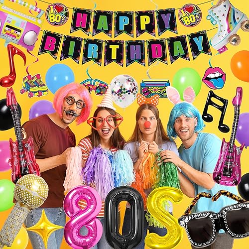 Miniatura 7 de Holkcog 80s Disco Theme Party Decorations, Back t0 80s Decor with Guitar Glasses Skate, 80 Balloons, Silver Curtain for Retro Party Photo Props Bday