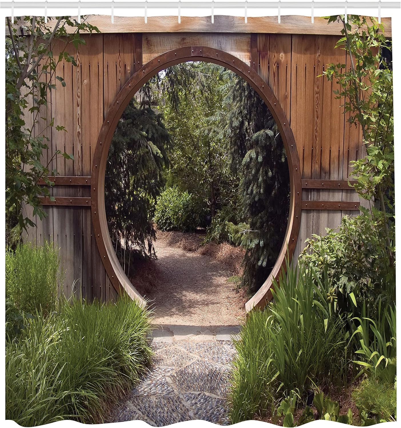 Ambesonne Japanese Shower Curtain, A Circle Rustic Doorway and Gate Opening of a National Park Sublime Habitat Natural Scenery Image, Cloth Fabric Bathroom Set with Hooks, 69" W x 70" L, Green Brown