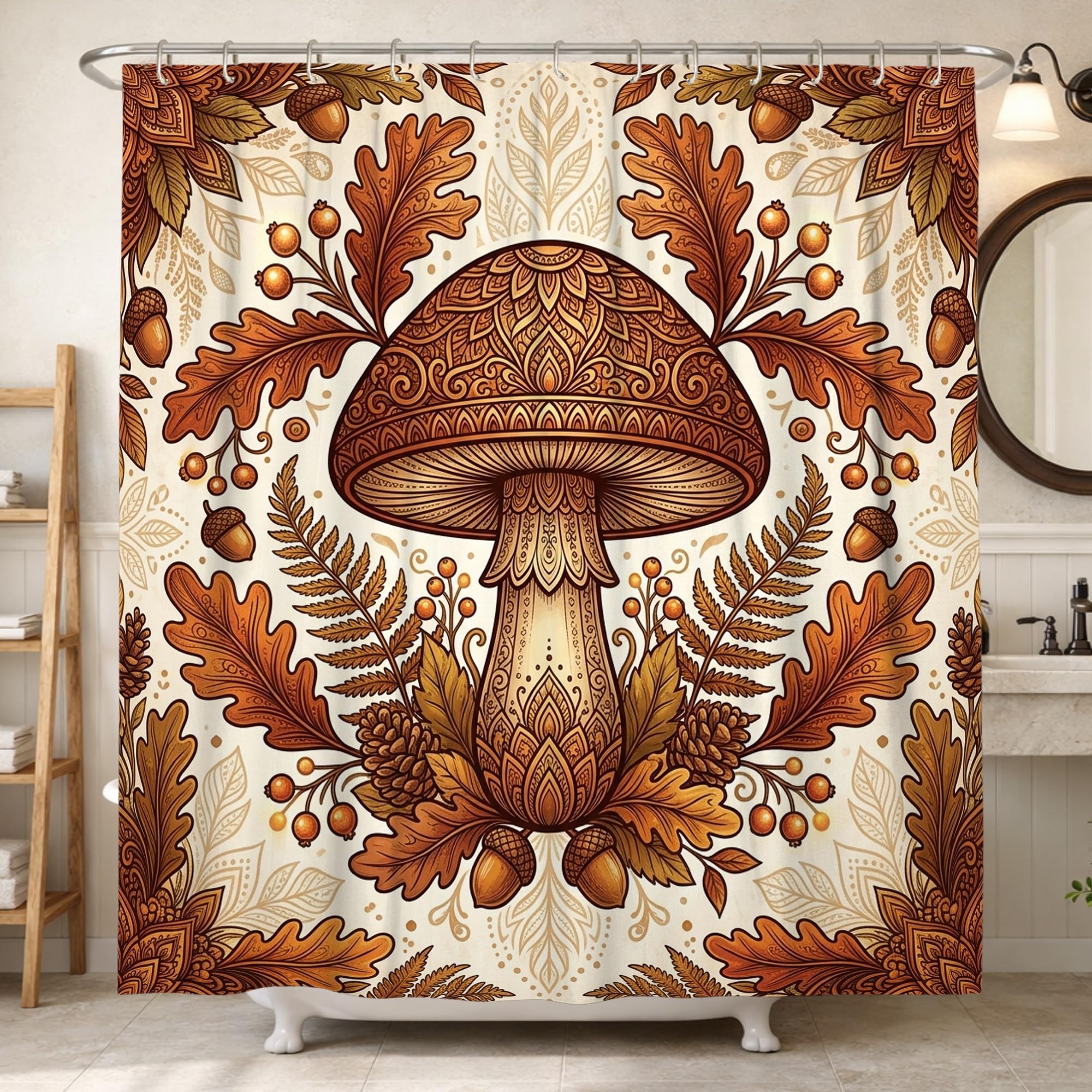 Rideau de douche anti éclaboussures motif champignon et feuille