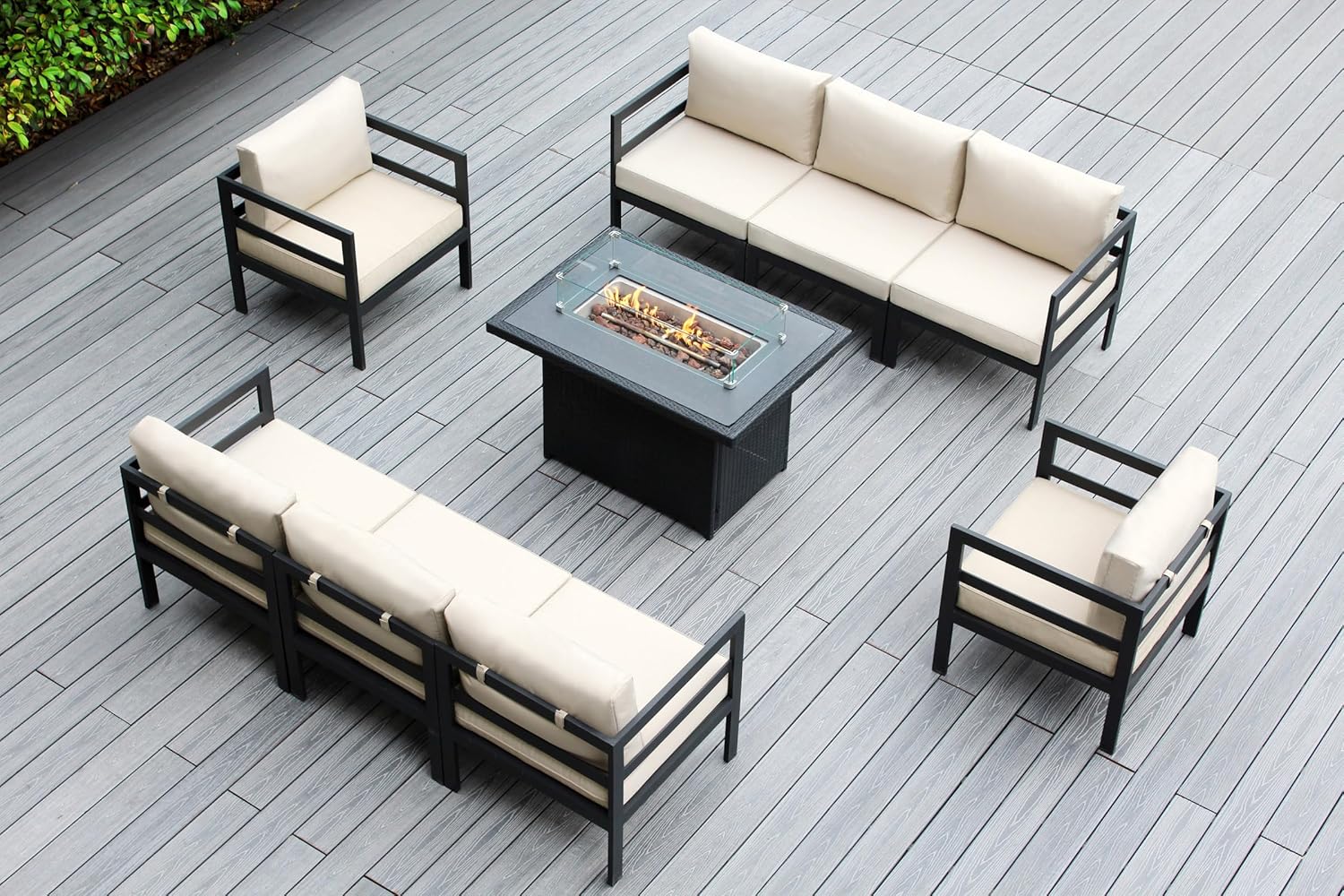 9-Piece Ohana Outdoor Patio Furniture Aluminum Conversation Set with No Assembly Sectional, Firetable and Cushions