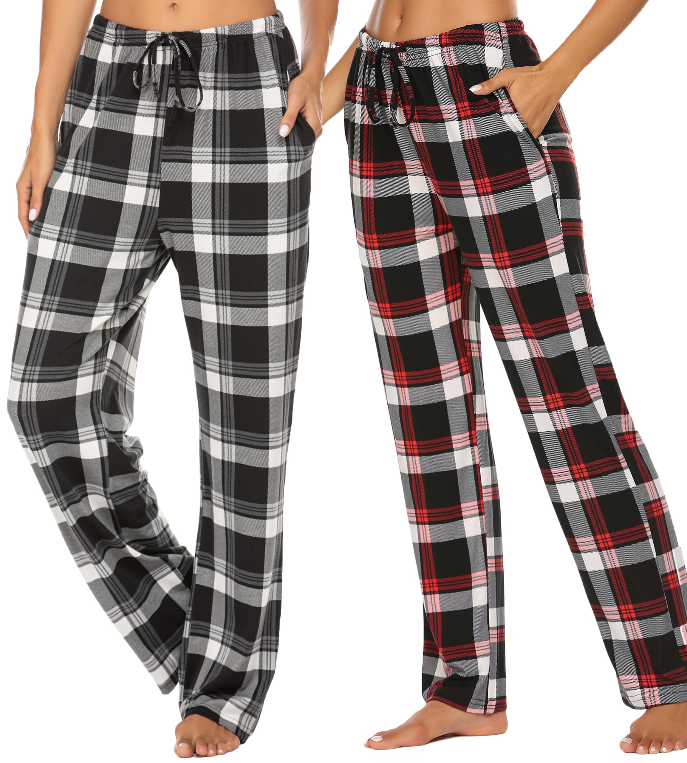 Ekouaer 2er Pyjamahose Damen Lang Schlafhose Karierte Schlafanzughose Freizeithose mit Taschen S-XXL