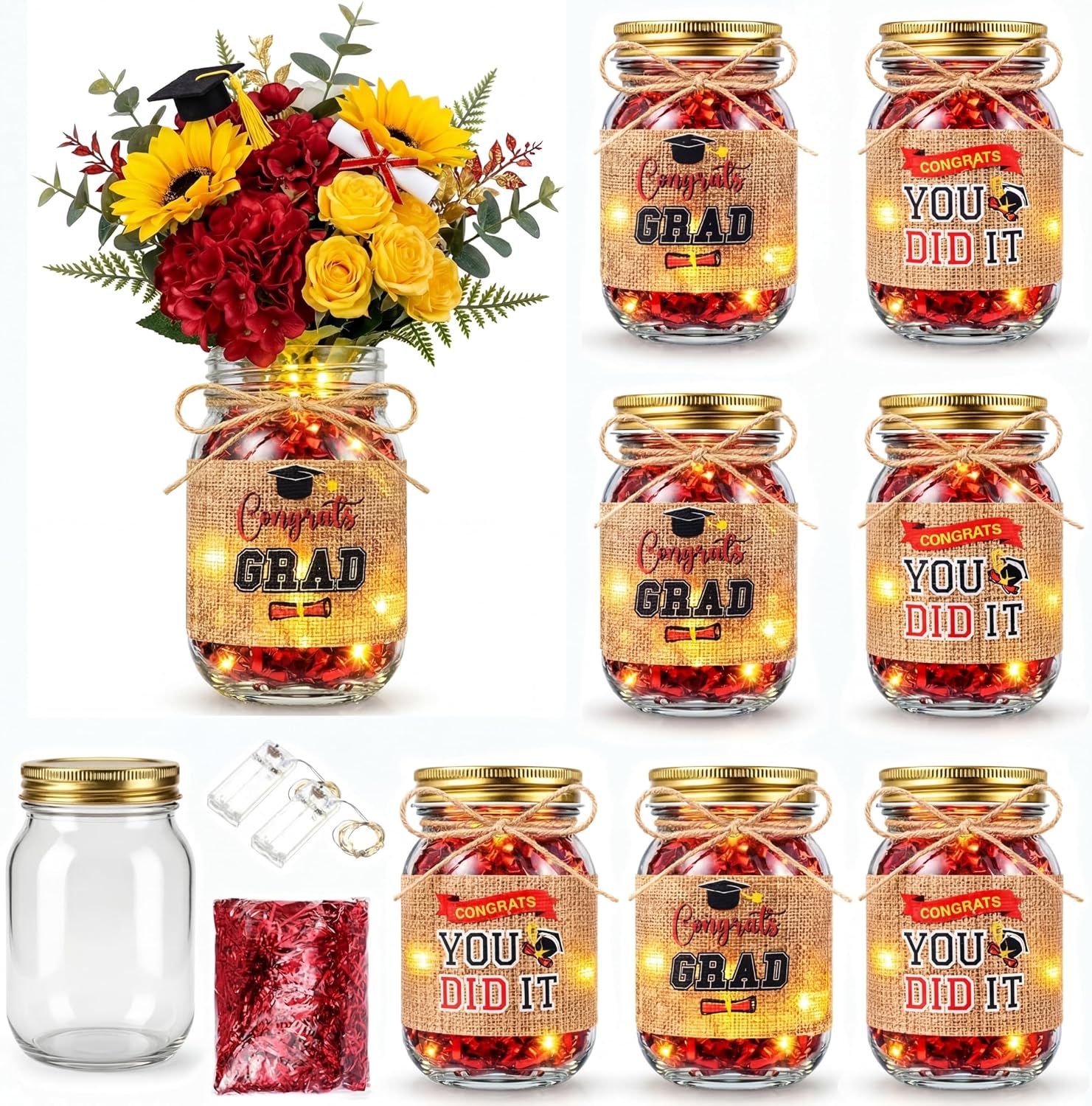 Blushtier 8 Sets Graduation Centerpieces for Tables Mason Jar 2026 Graduation Decorations with Lights Burlap Covers Metallic Raffia for High School College Congrats Grad Party Supplies(Blue)