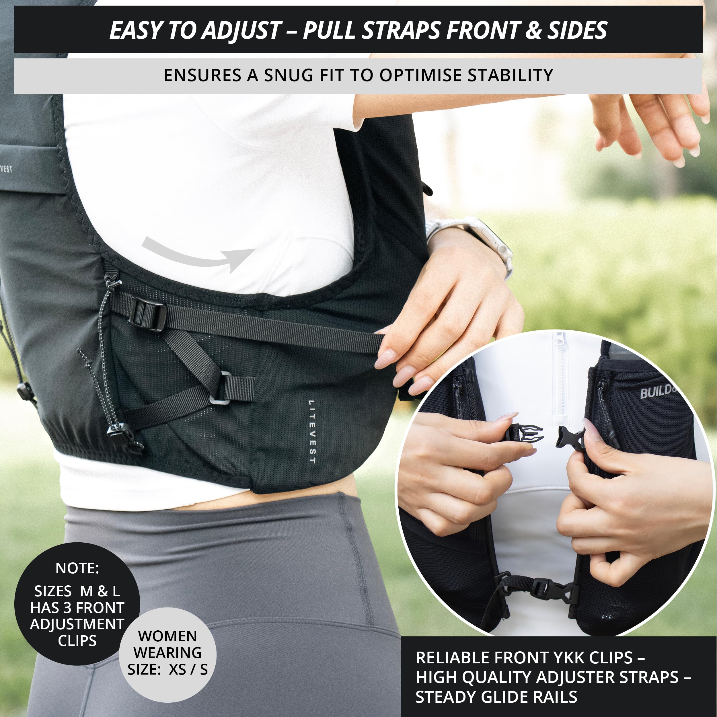 Gilet di idratazione LITEVEST Build & Fitness con 2 borracce morbide da 500 ml – 7 tasche, traspirante, comodo, sicuro ed elegante per trail running, maratone e corse quotidiane