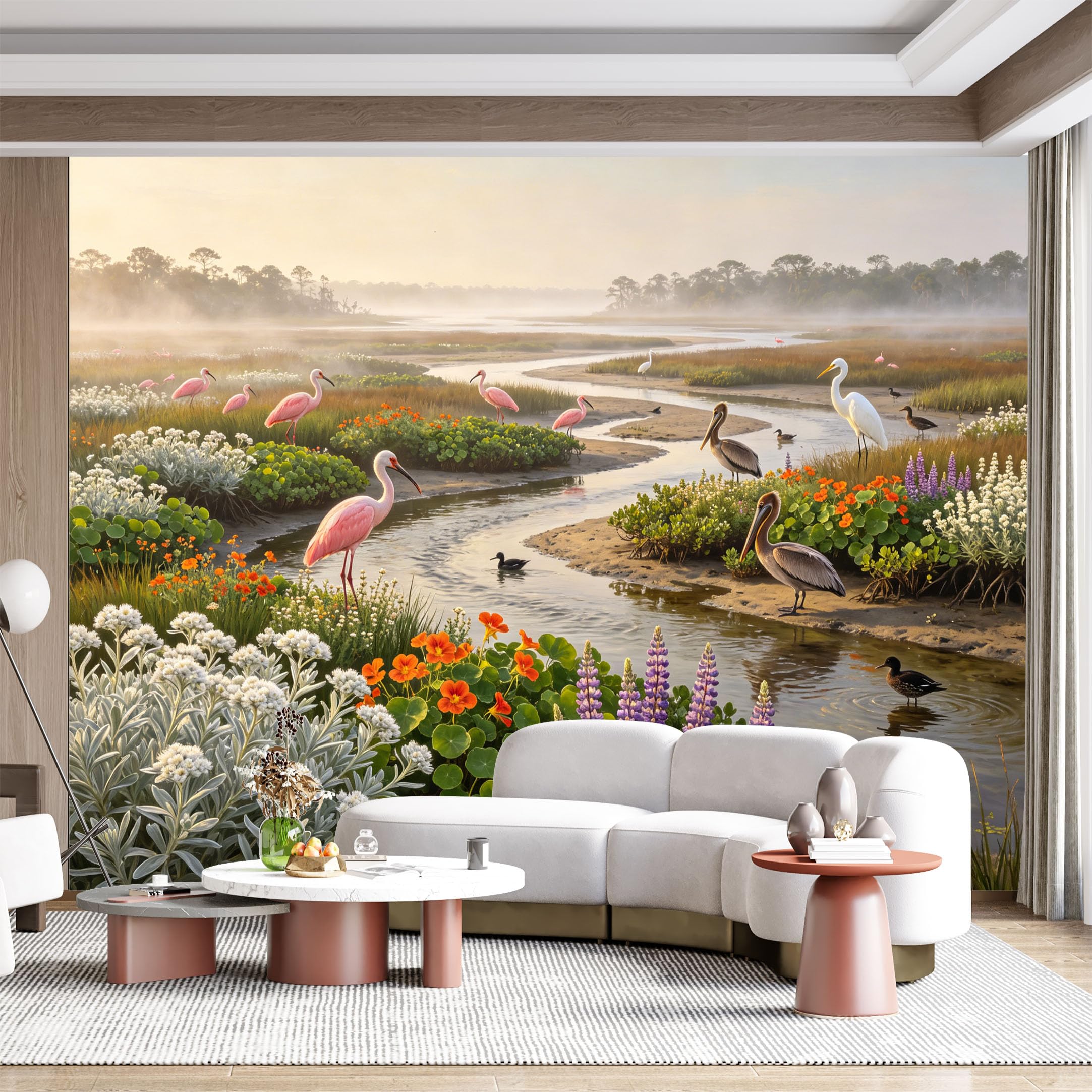 Custom Size Wall Mural Coastal Marsh Birds and Flowers Realistic Landscape SelfAdhesive Wall Fabric Removable for Home Office Decor