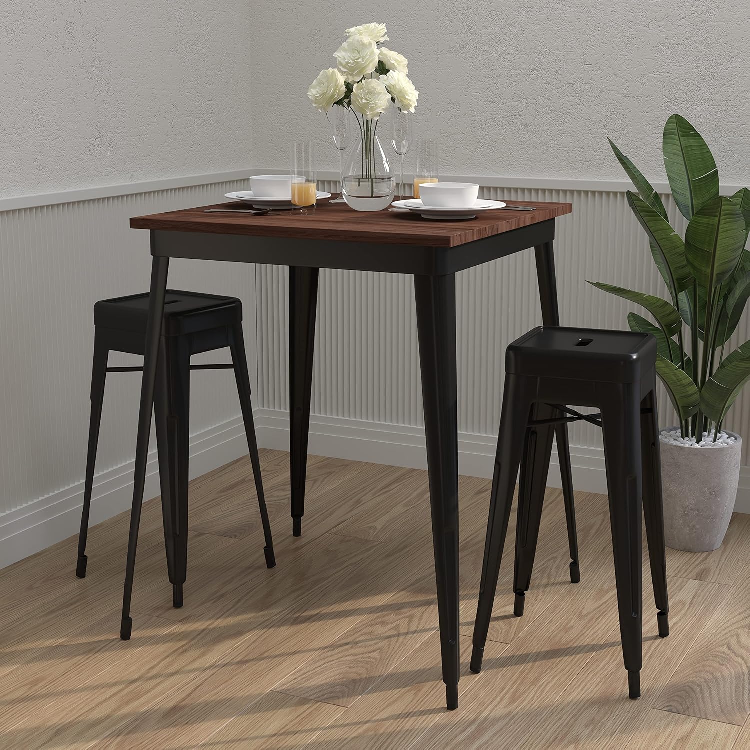 Merrick Lane Ardennes Dining Table - Black Steel Frame - 31.5 Inch Square Walnut Wood Top Table