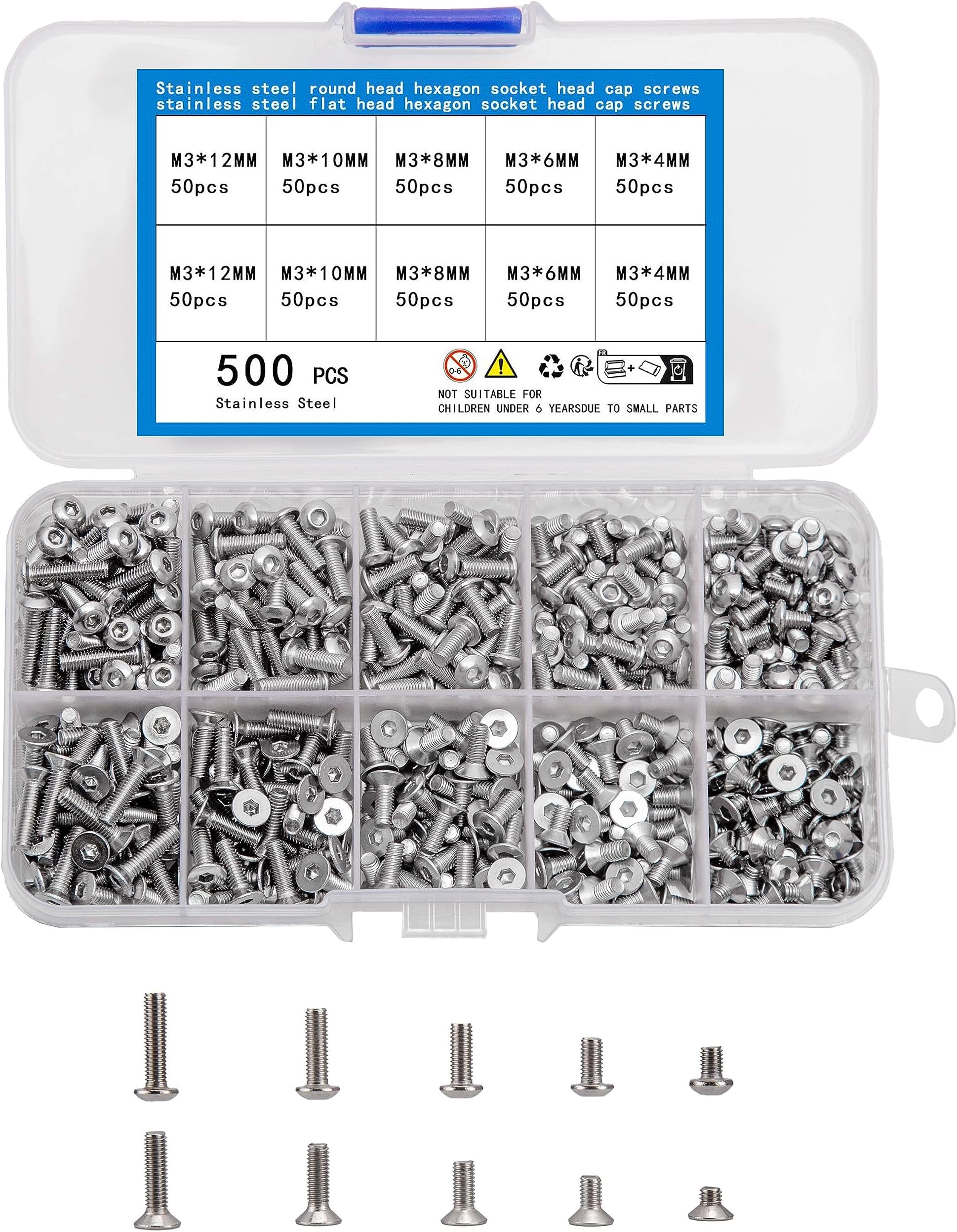 500 Pcs M3 Bolts Set, Include 250 Pcs Countersunk Flat Hex Socket Button Head Screws, 250 Pcs Round Machine Pan Hex Socket Head Cap Screws