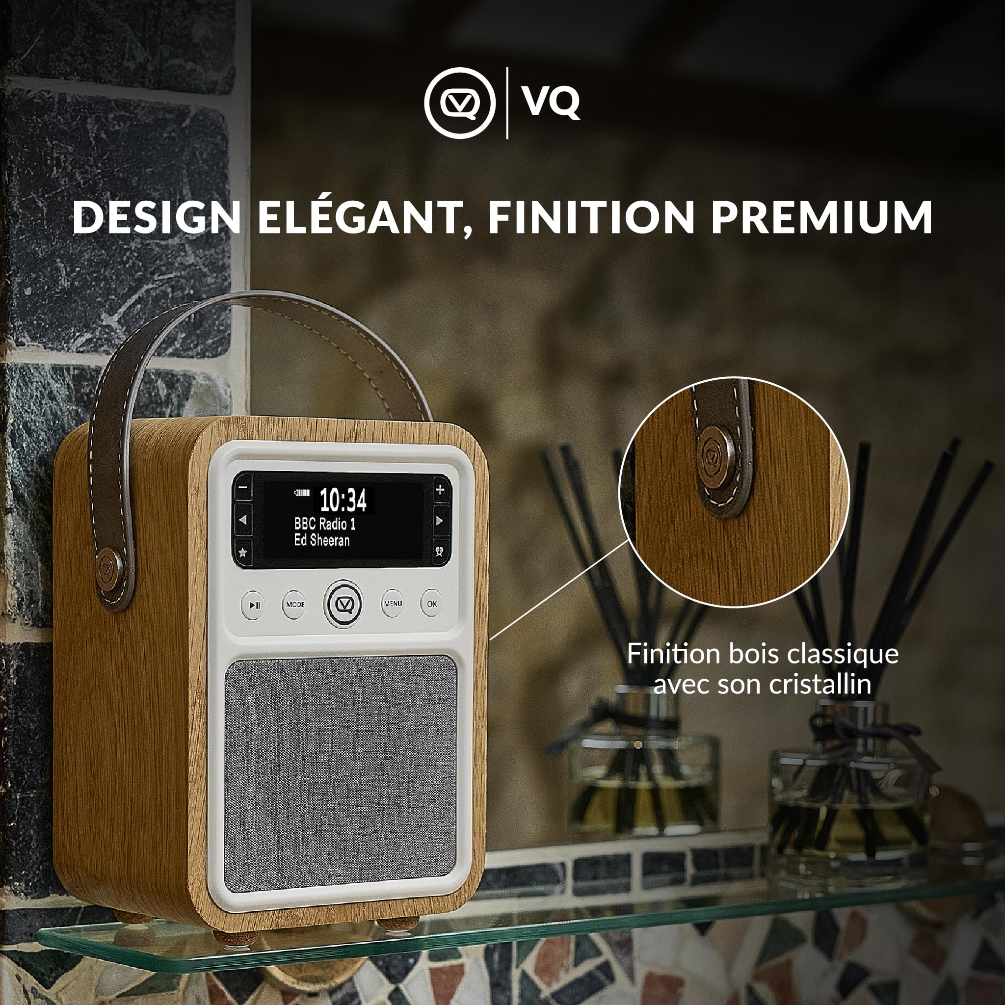 VQ Monty Radio DAB Plus/DAB avec Bluetooth, FM et Radio Réveil Fonction - Alimentée par Secteur et Batterie Radio Portable avec Antenne, Prise Casque et Port de Charge USB - Chêne