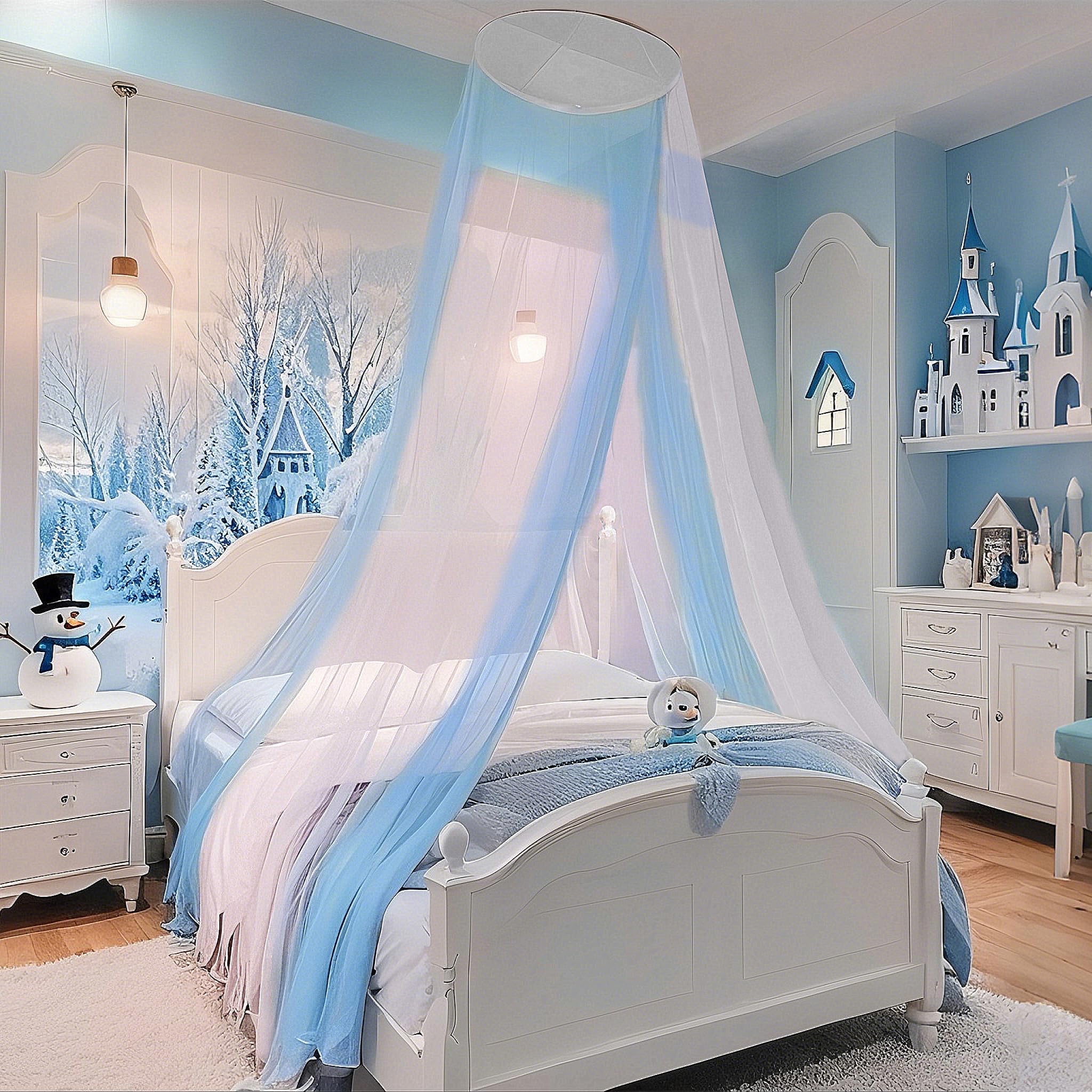 Eimilaly Tweekleurige Bedluifel Muskietennet Roze Blauw met 250st Warme Lichten, Bedluifel voor Meisjes Kamerdecoratie, Enkele Deur