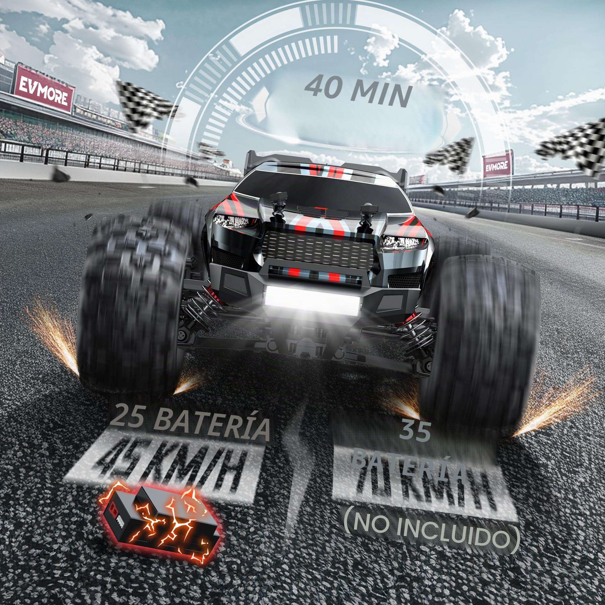 Evmore Coche Teledirigido 1:16, 4WD Coche Radiocontrol de Alta Velocidad Sin Escobillas, 70 km/h 4x4 RC Coche con 2 Baterías 40min, 2.4Ghz Control Remoto de Carreras Todoterreno para Niños Adultos