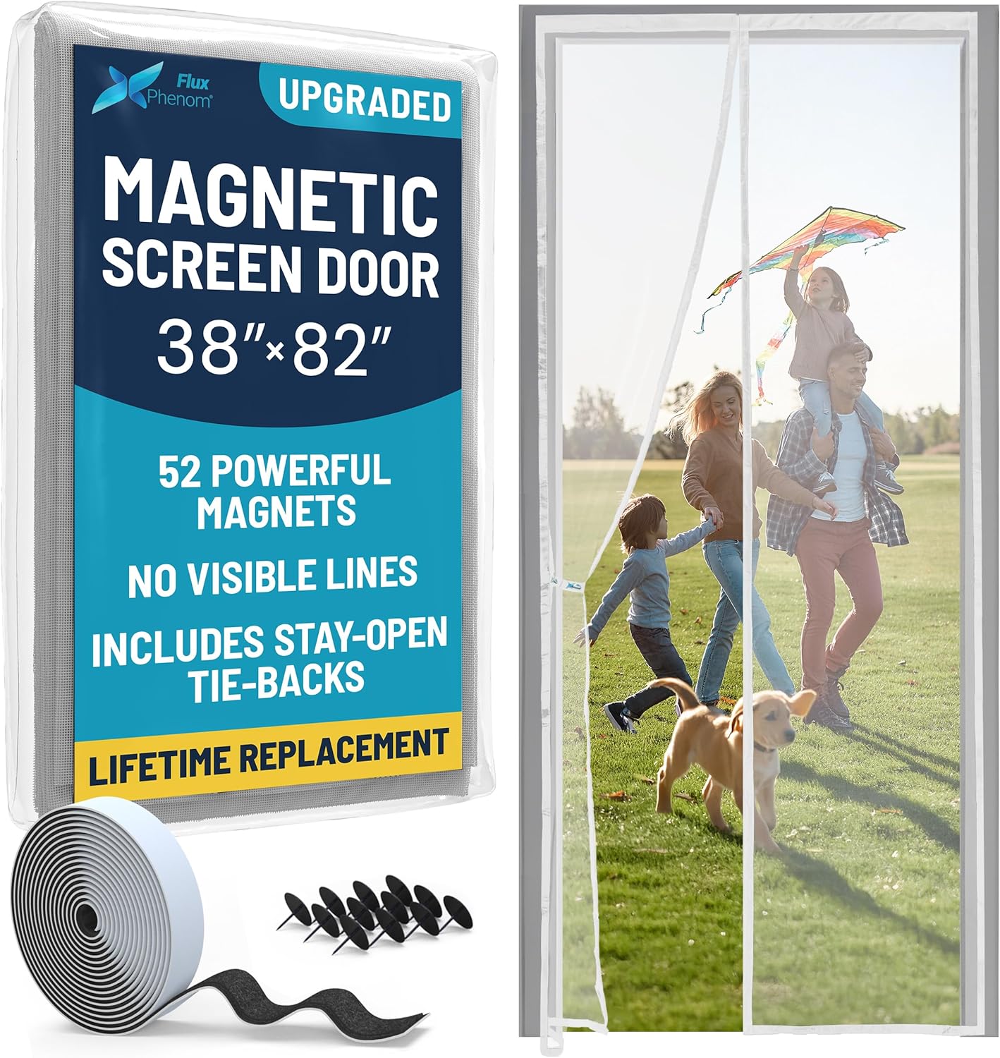 Flux Phenom Magnetic Screen Door Mesh 38x82 Inch – Easy Install, Strong Magnet Strength, Self-Sealing Mesh, Pet Tested, Hands-Free Entry, Door Screen Magnetic Closure, Keeps Bugs Out - White Mesh (White AirFlow Edition)