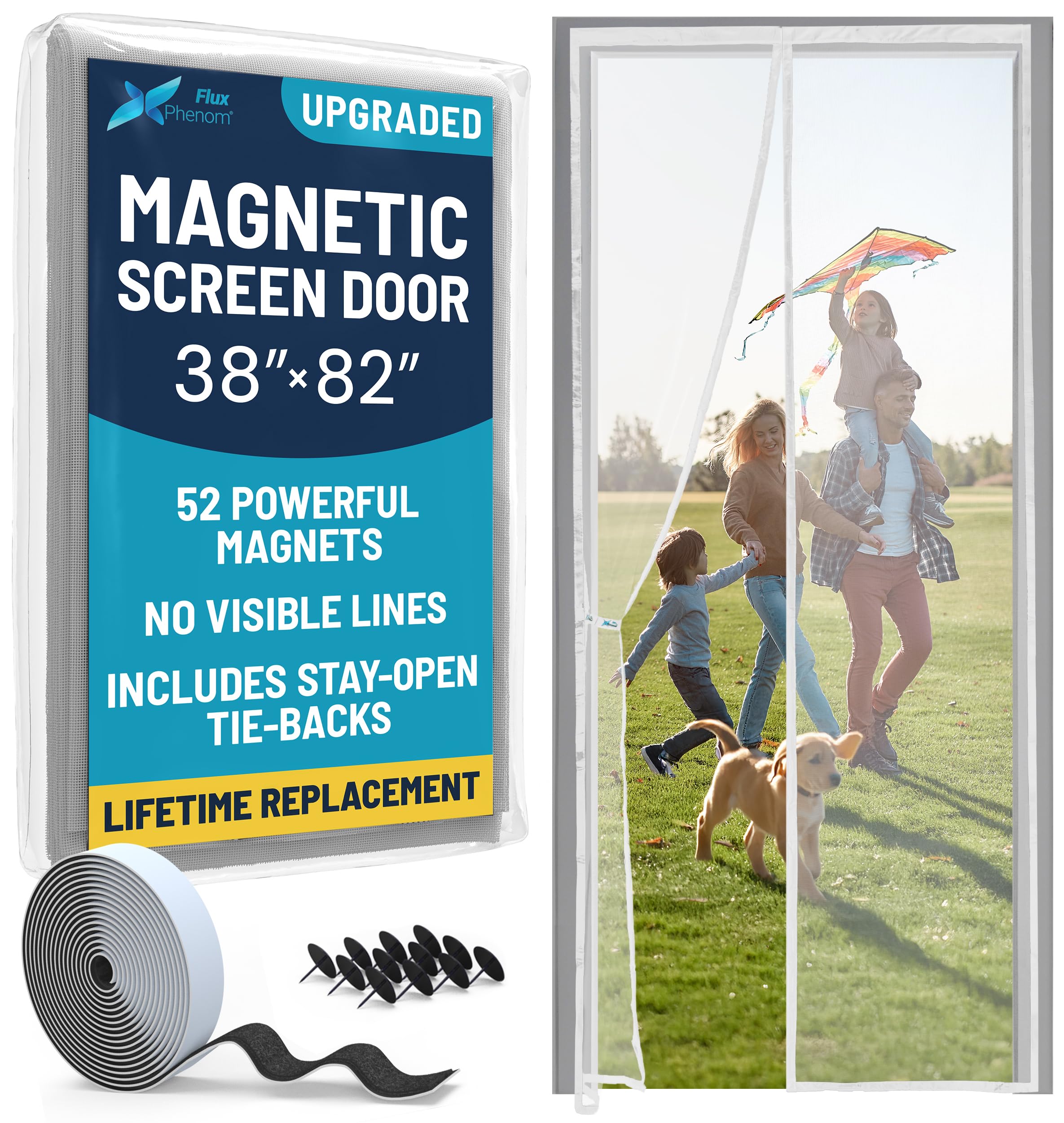 flux phenom magnetic screen door mesh 38x82 inch – easy install, strong magnet strength, self-sealing mesh, pet tested, hands-free entry, door screen magnetic closure, keeps bugs out - white