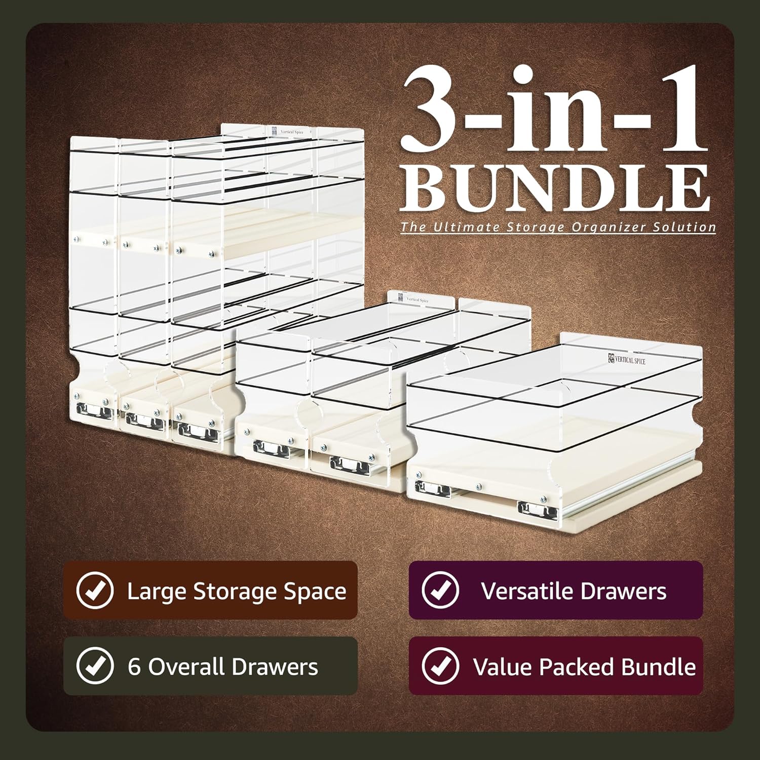 Vertical Spice - 3-in-1 Bundle Kit - Sliding Spice Rack & Pull Out Spice Rack for Inside Cabinets - Cabinet Organizer w/Shelves for Upper Kitchen Cabinets - Pantry Organizers & Storage - Made in USA