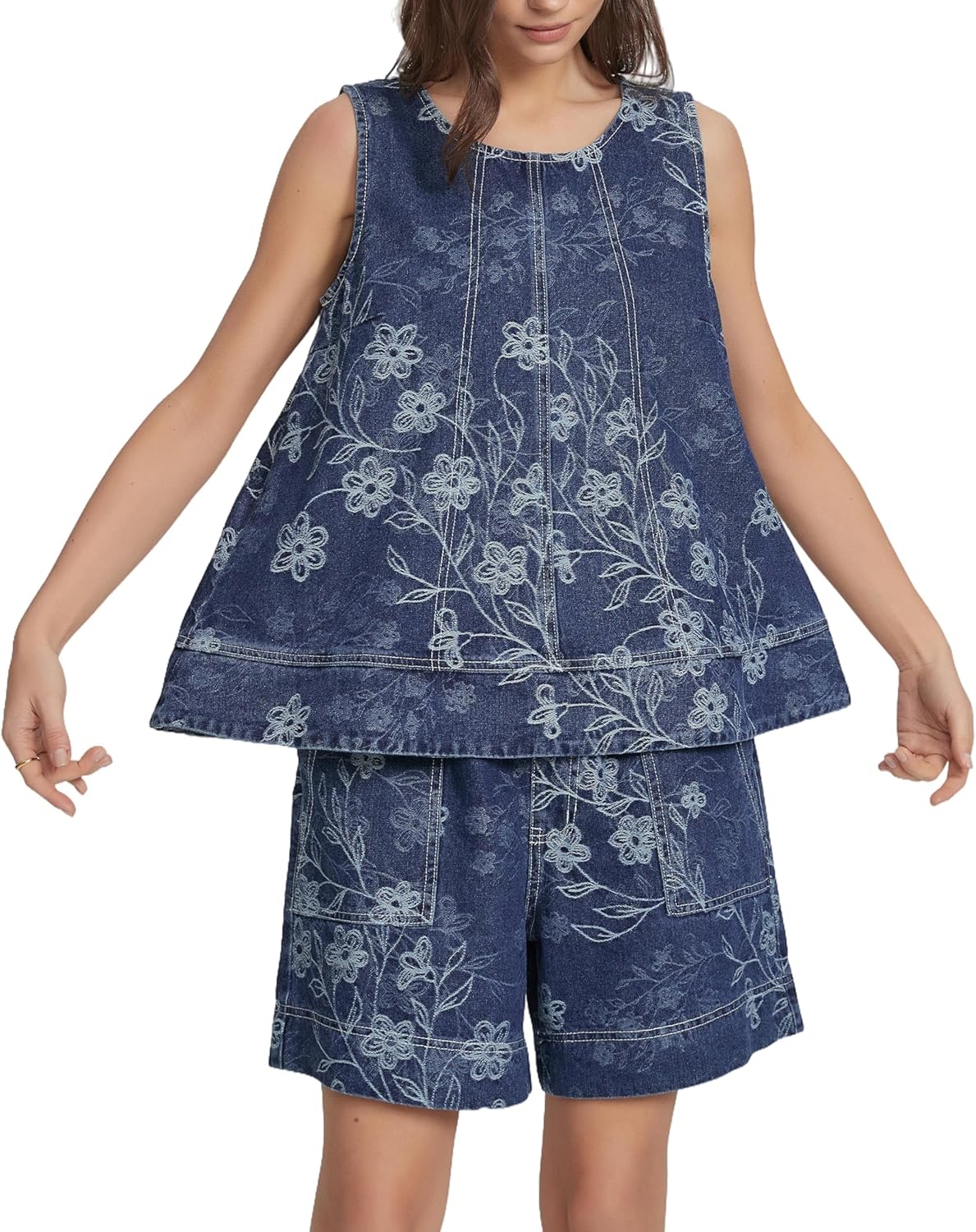 Ladyful Denim Short Sets Women 2 Piece Floral Denim Tank Top and Bermuda Short Set Elastic Waist Jean Matching Outfits