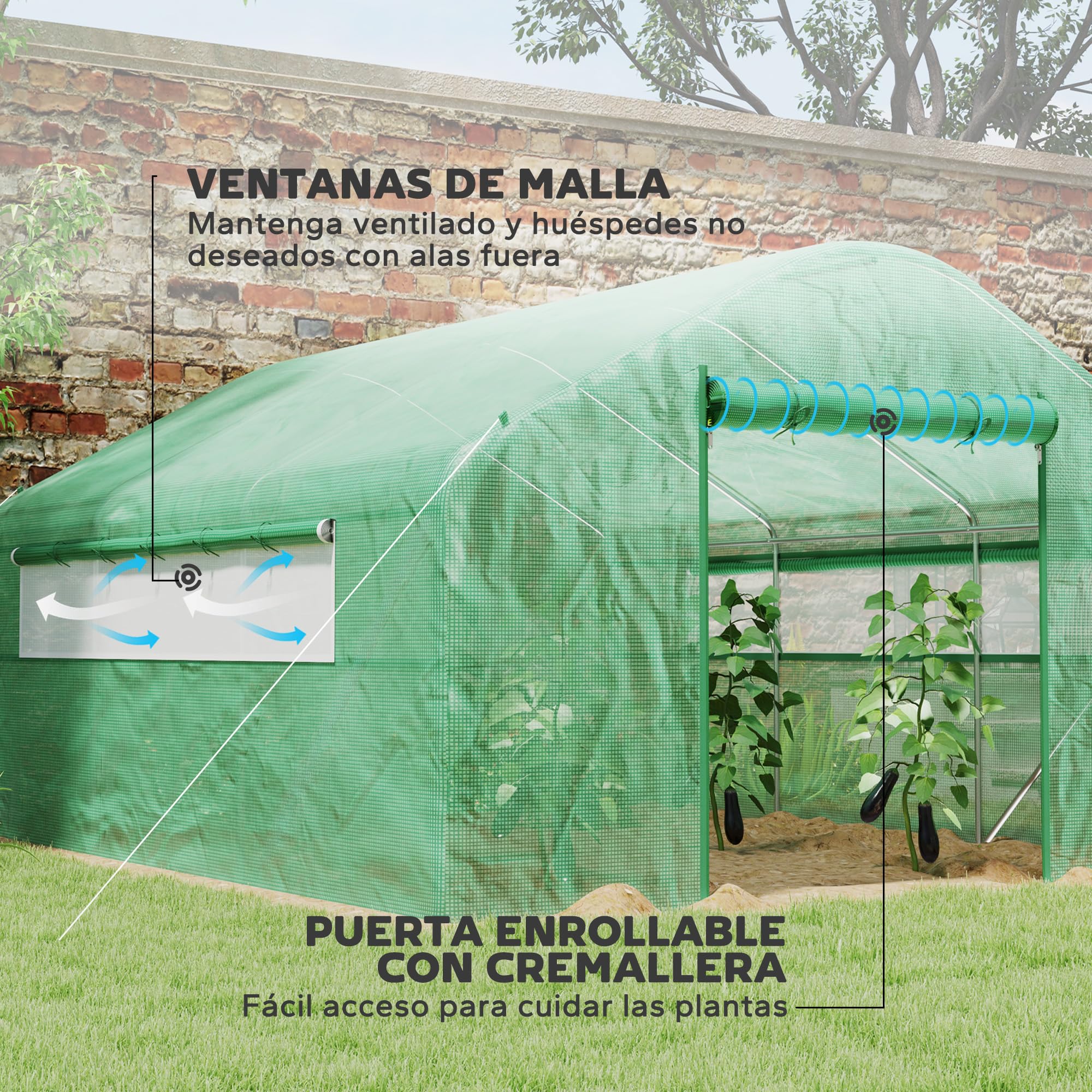 Outsunny Invernadero de Exterior 4x3x2 m Invernadero de Túnel con 2 Ventanas Cubierta de PE Anti-UV y 1 Puerta Enrollable con Cremallera Invernadero para Jardín Patio Verde