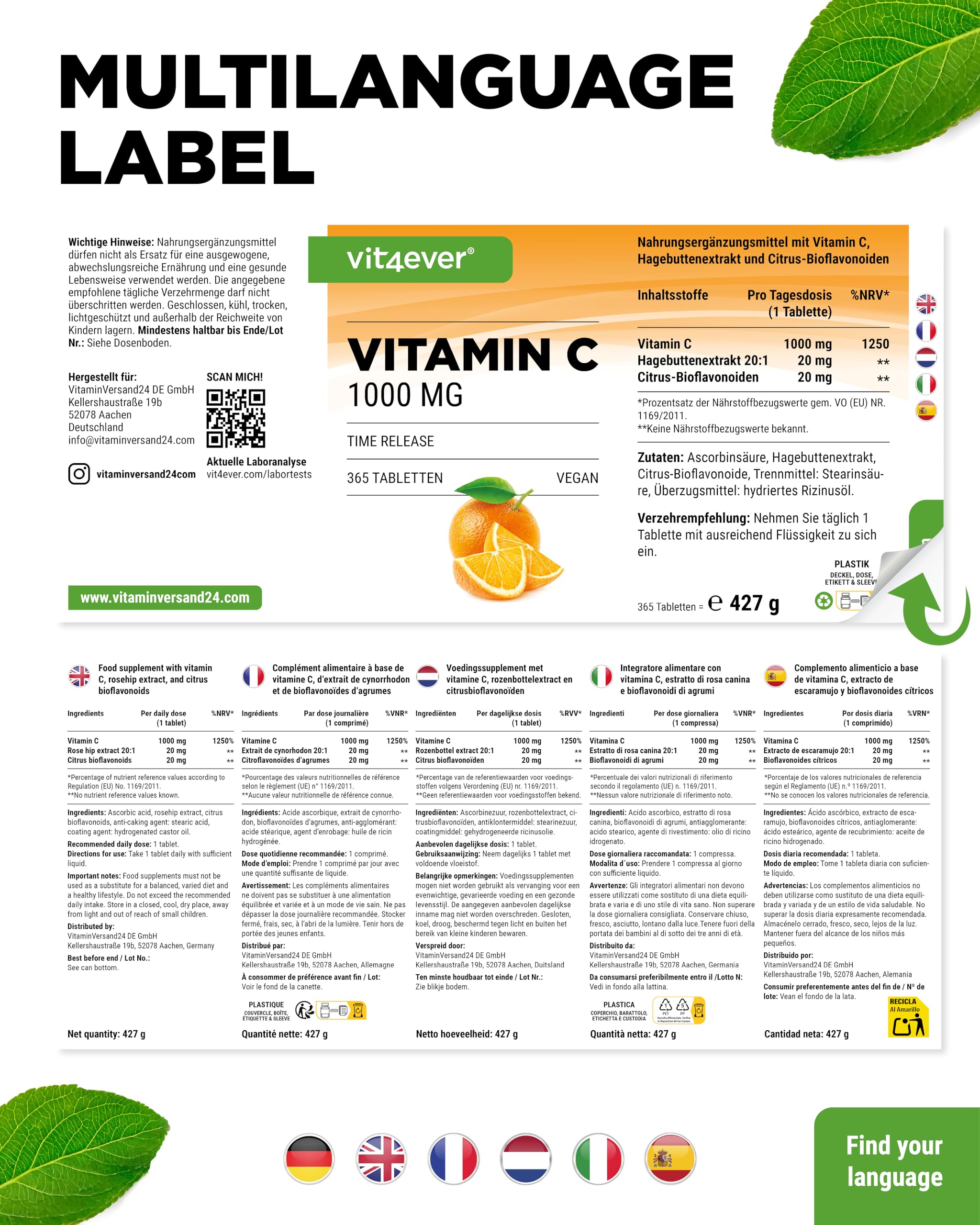 vit4ever Vitamin C 1000 mg - 365 Tabletten im Jahresvorrat - Time Released Effekt - Laborgeprüft - Vitamin C + Hagebuttenextrakt + Citrus-Bioflavonoide - Vegan, hochdosiert | Hochdosiert, Jahresvorrat, Vitamin C + Hagebuttenextrakt & Citrus-Bioflavonoide,