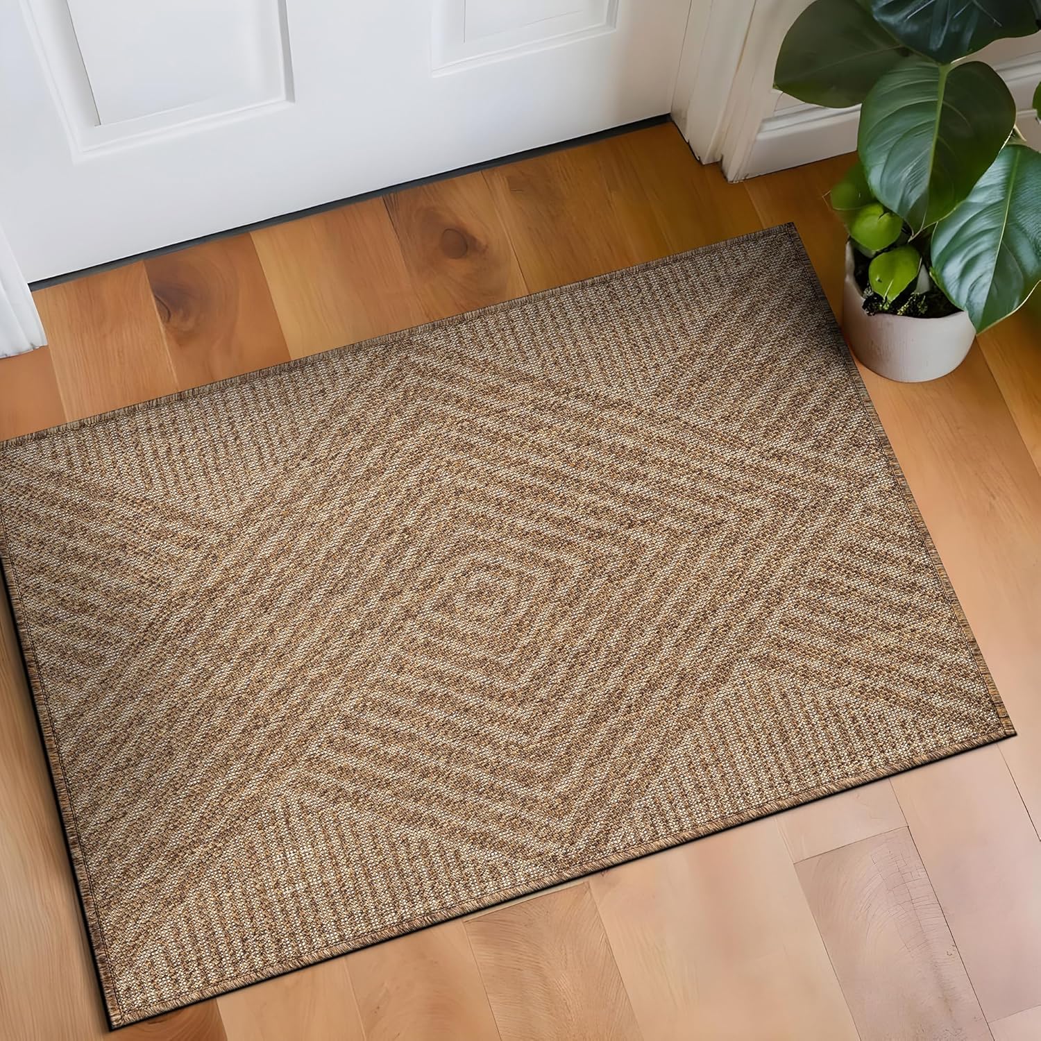 Rugshop Diamond Grid Indoor Outdoor Flat Woven Area Rug,Natural Jute-Style,Easy-Care Patio Rug for Entryway Backyard Porch Deck Balcony, 2' x 3' Sand/Natural