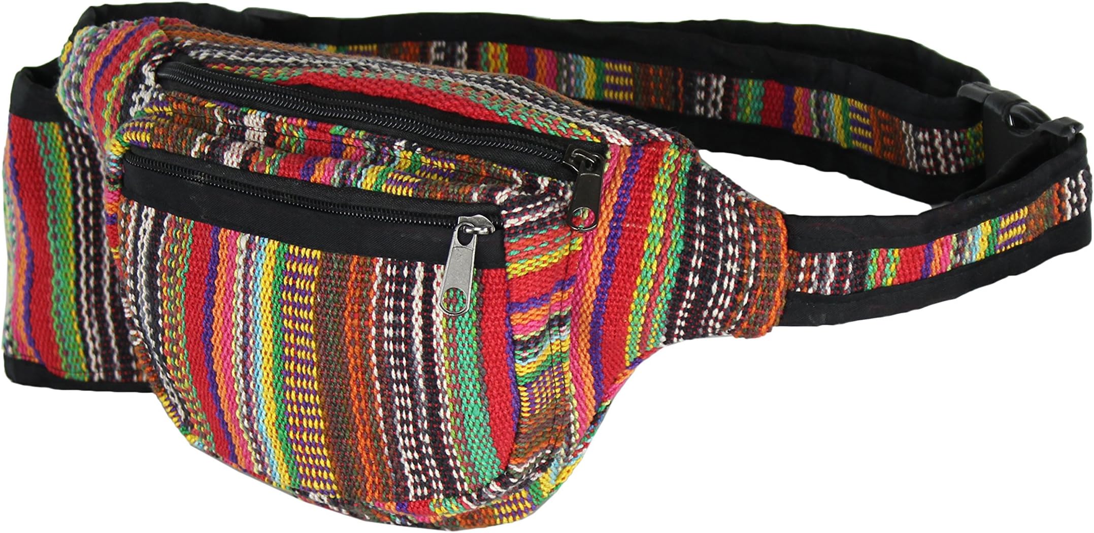 Boho Rainbow Fabric Waist Bag, 3 Zip Water Bottle Fanny Pack, Handmade in Nepal