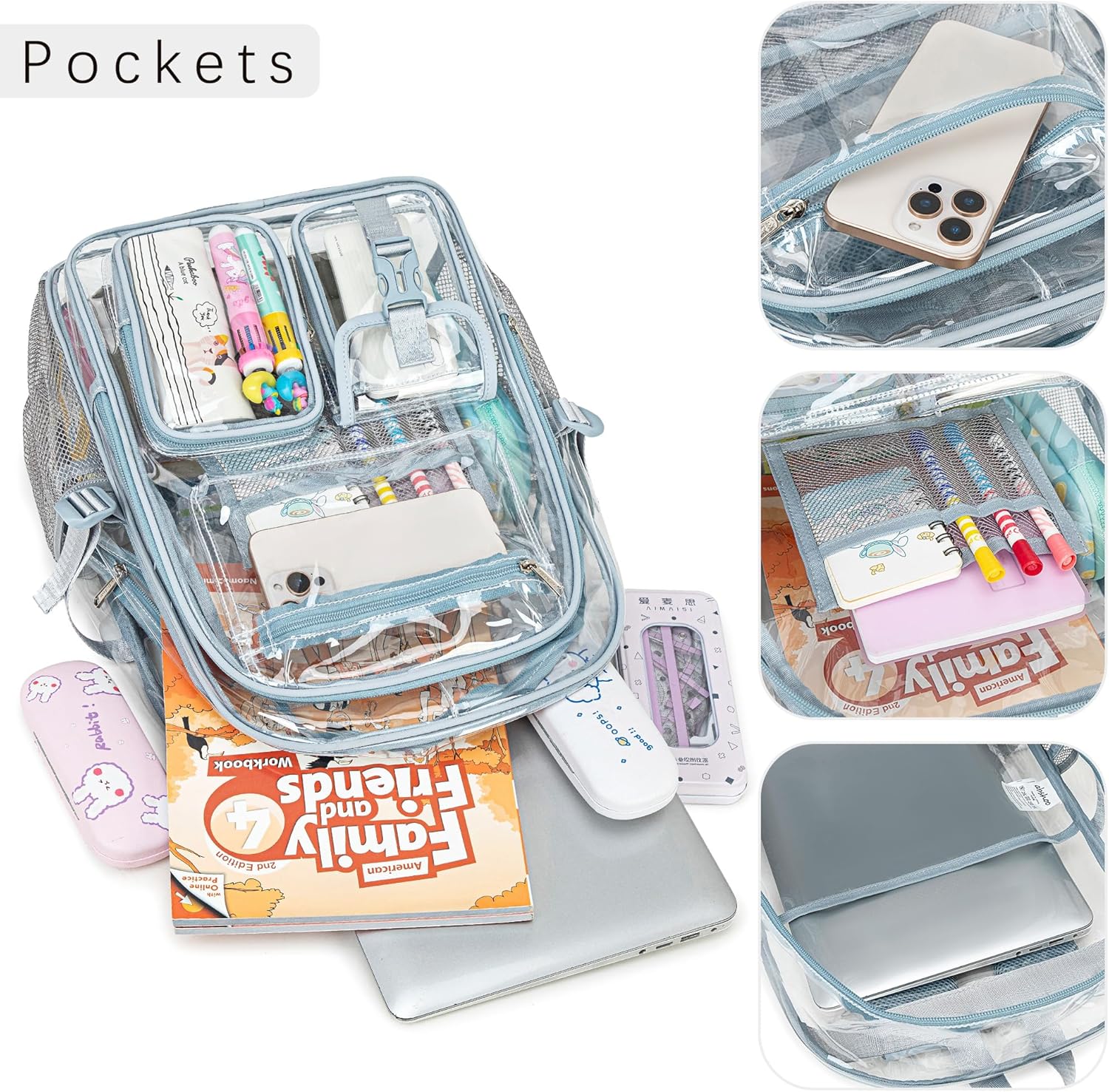 abshoo Large Clear Backpack For Girls Women Heavy Duty Clear Bookbag for School Transparent Backpack (Baby Blue) - Image 4