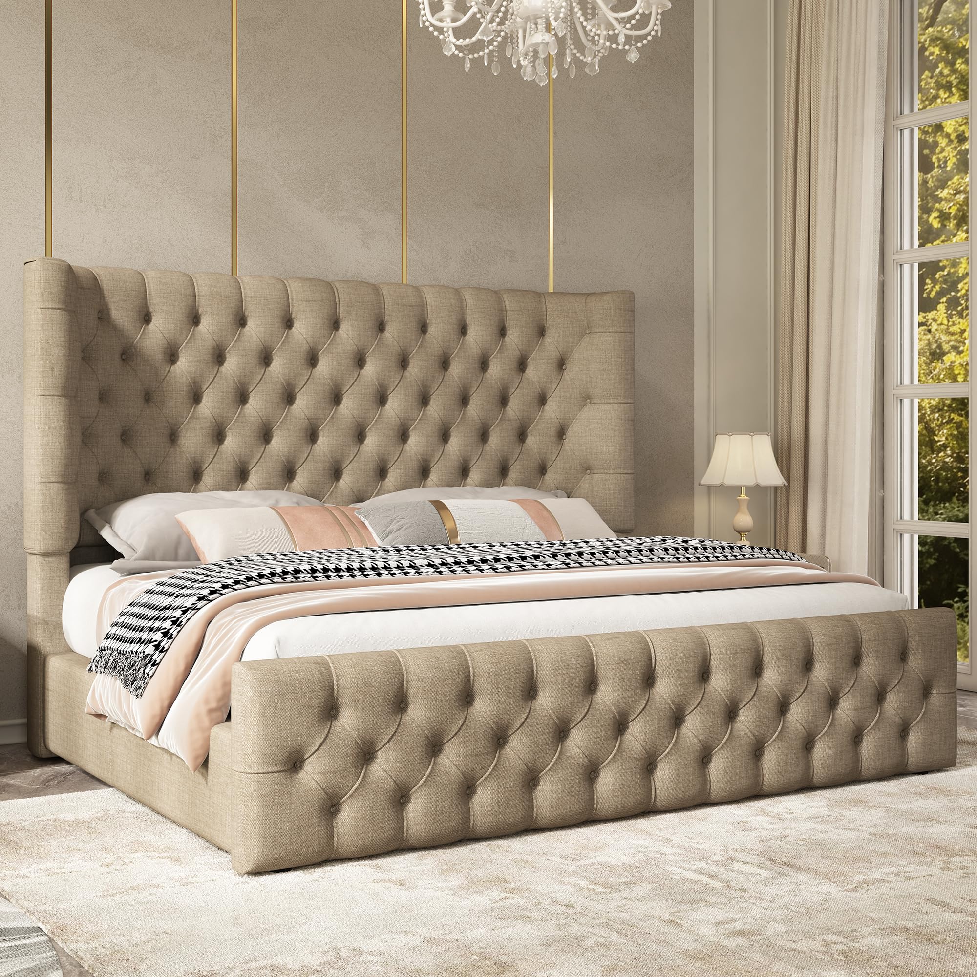 Jocisland King Size Bed Frame Upholstered Sleigh Headboard & Footboard, Khaki