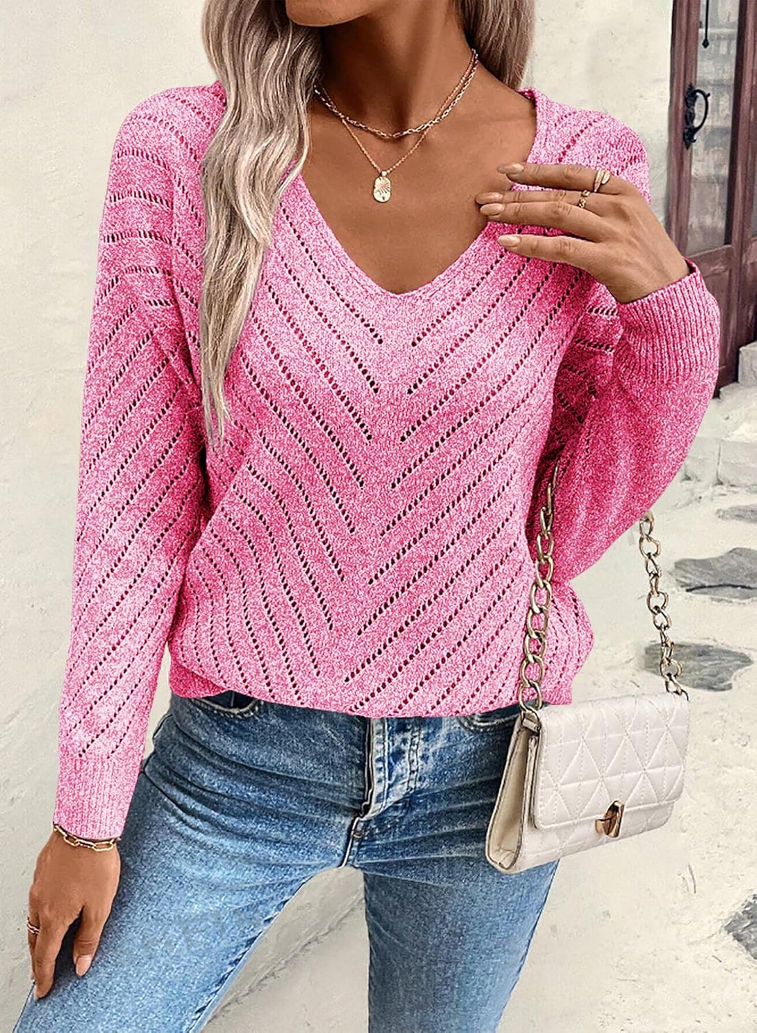 Lightweight Sweaters for Women 2026 Spring Long Sleeve V Neck Hollow Out Crochet Pullover Knit Tops Daily Wear - Image 3