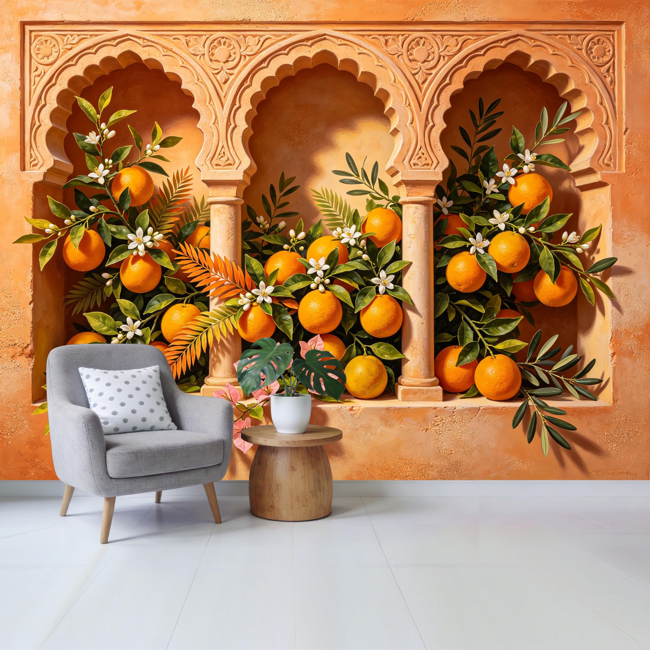 Custom Size Wall Mural Mediterranean Orange Grove Botanical Floral Arch Pattern Removable Self Adhesive Fabric Home Wall Decor for Living Room Bedroom Bathroom