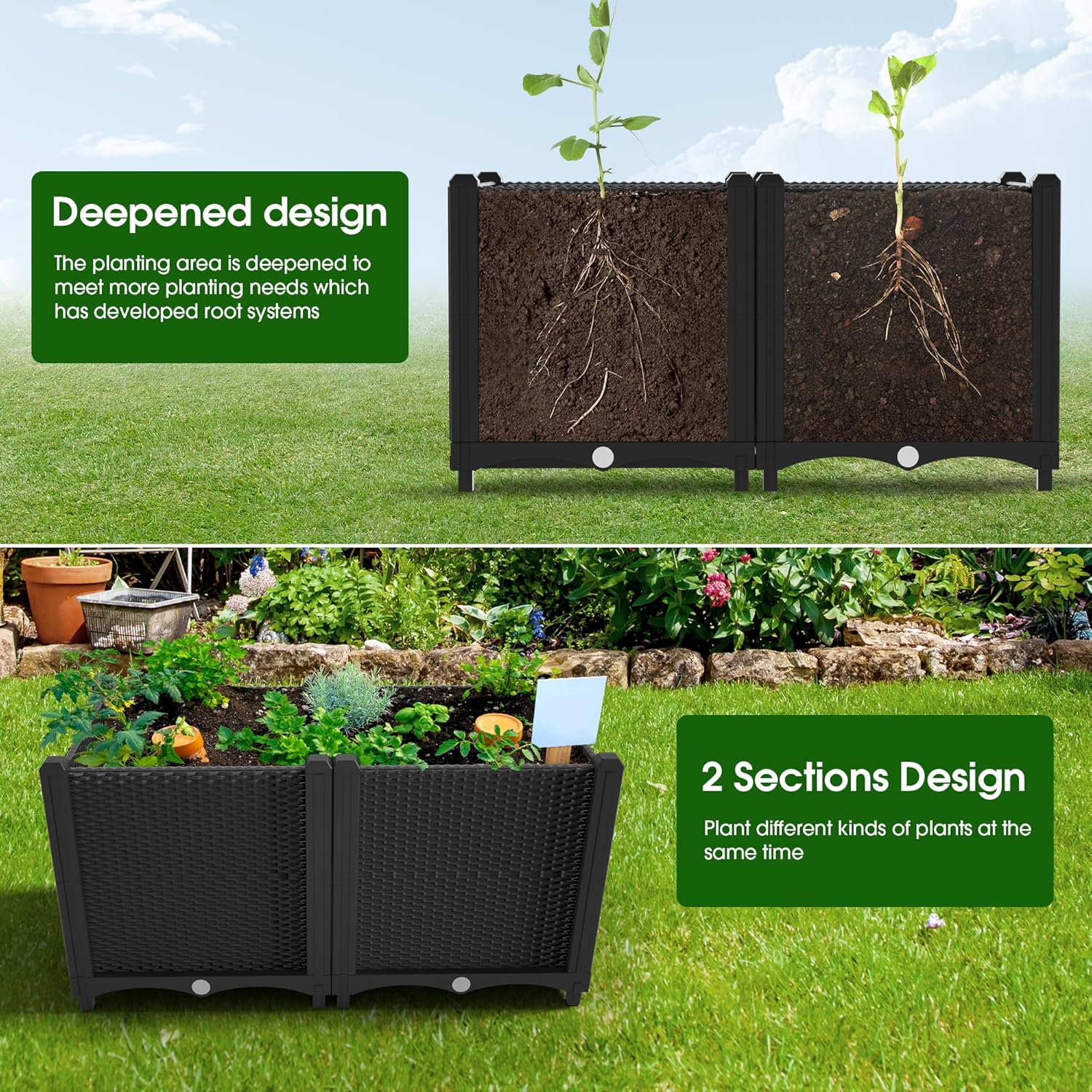 Onelike 32'' x 16'' x 55.5'' Plastic Raised Garden Bed with Greenhouse Cover and Trellis, Vertical Tomato Planters for Climbing Plants, Self Watering System Tomatoes Cage for Patio, Medium
