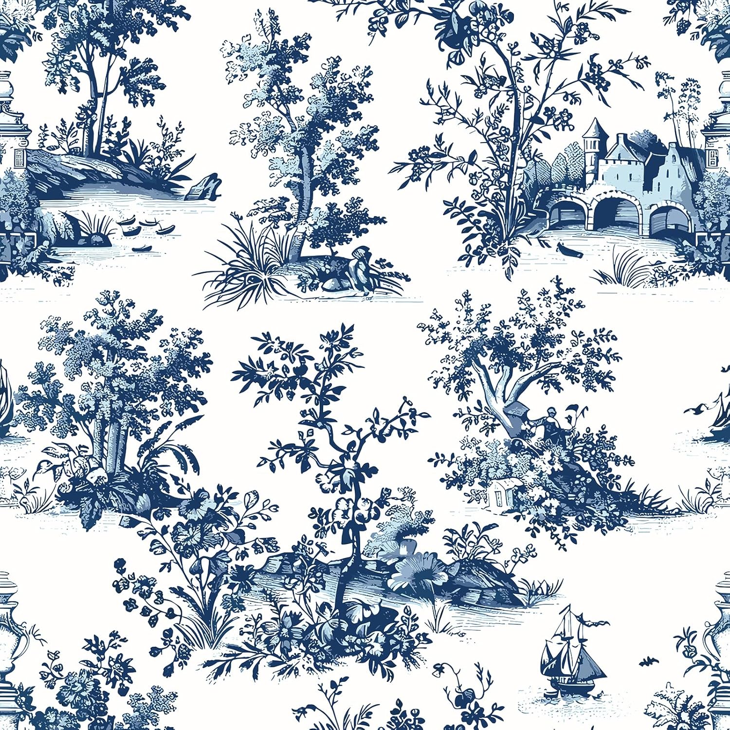 VaryPaper 17.7''x78.7'' Toile Peel and Stick Wallpaper Blue and White French Country Wallpaper for Bathroom Waterproof Self Adhesive Chinoiserie Wall Mural Removable Vintage Contact Paper for Cabinets
